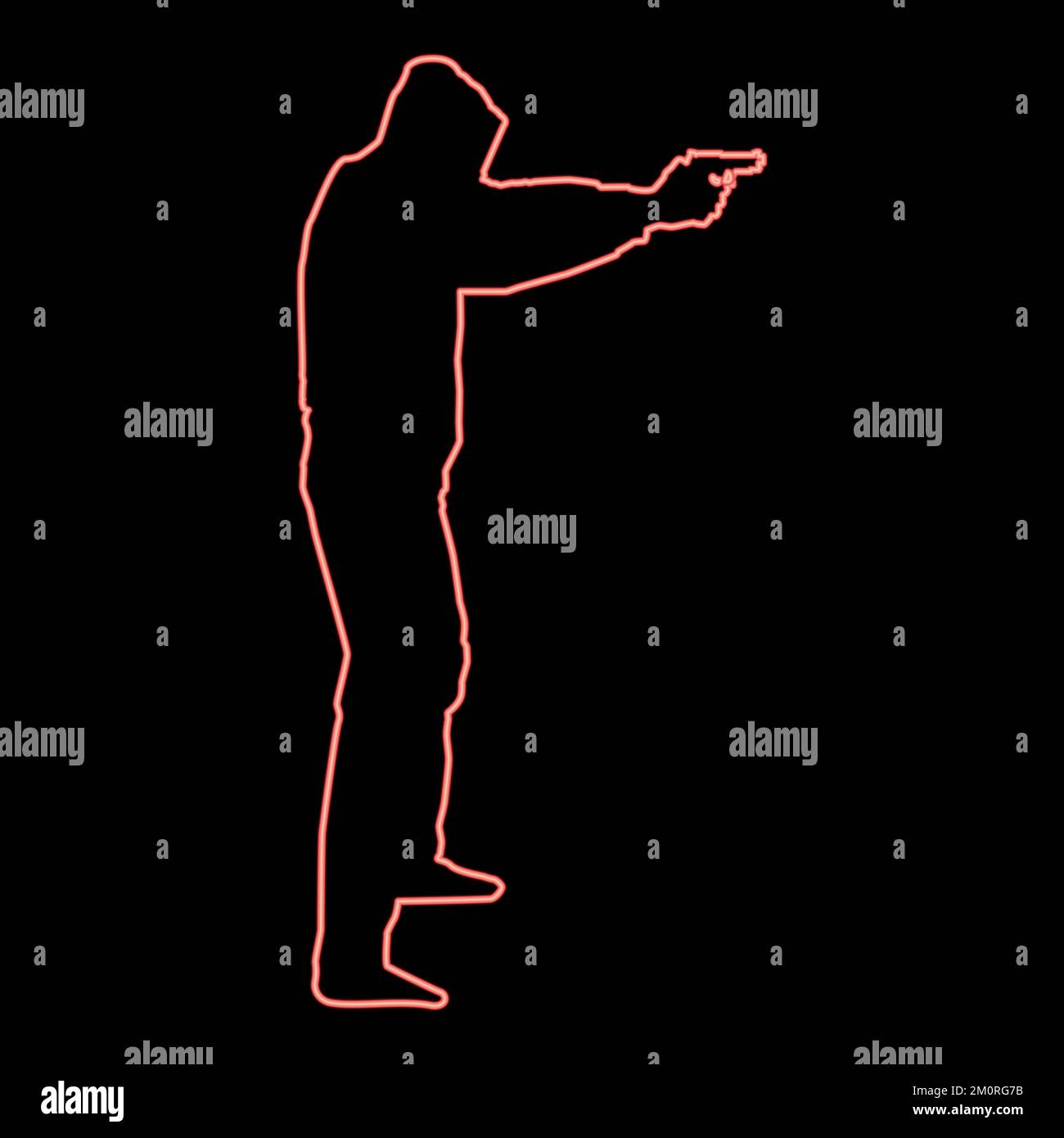 Neonmann in der Kapuze mit Pistolenkonzept Gefahr gestreckte Arme Symbolfarbe Vektor Illustration Bild flaches Licht Stock Vektor