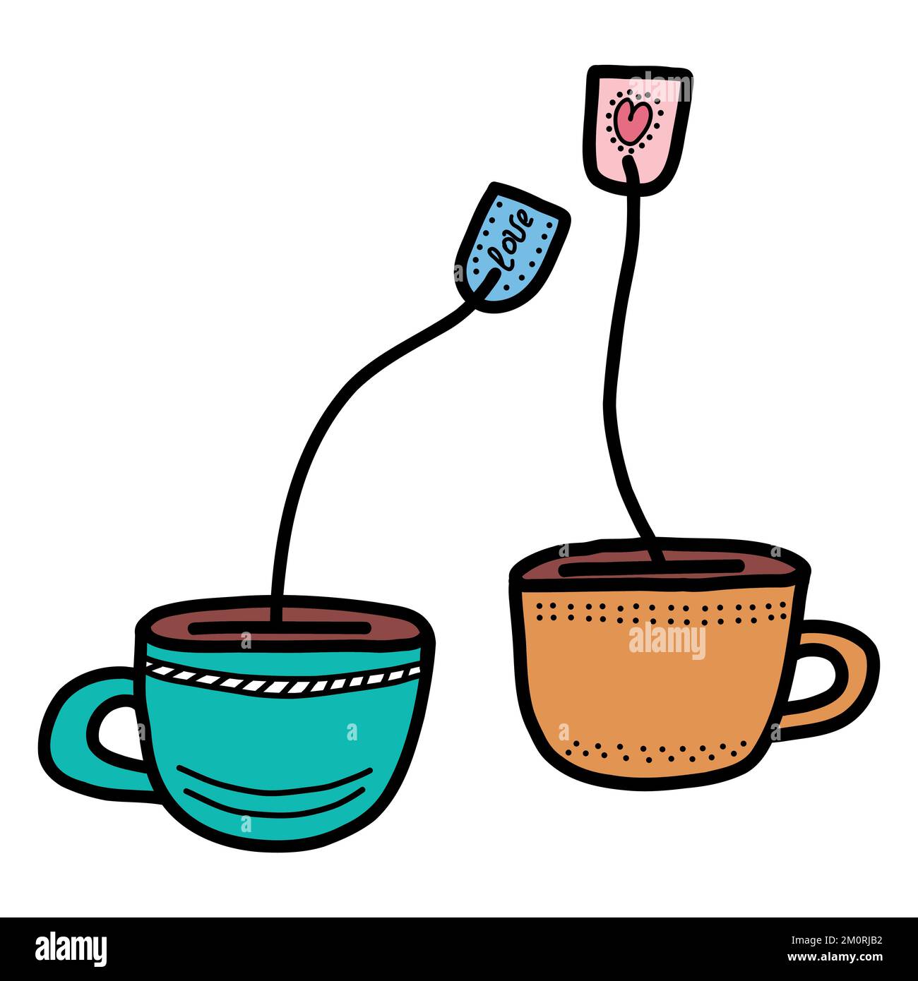 Handgezeichnete Tasse mit Teebeutel für Liebende. Designelemente für den Valentinstag. Vektor Stock Vektor