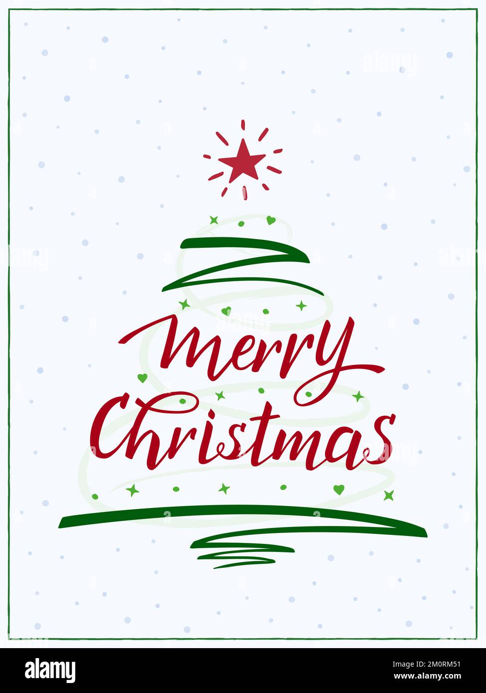 Merry Christmas handgeschriebene Schriftzeichen, moderne Pinselkalligraphie. Ein Weihnachtsbaum besteht aus Text, Striche, rotem Stern und Dekorationen. Stock Vektor