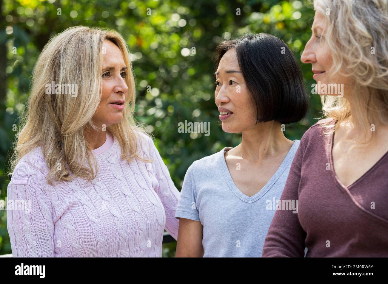 Drei Frauen mittleren Alters unterhalten sich freundlich in ihrem Garten Stockfoto