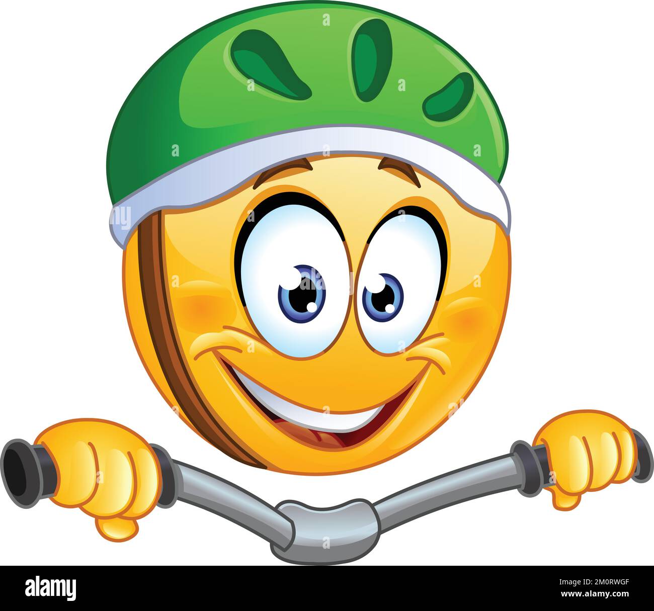 Fröhliches Emoji-Emoticon mit Helm und Fahrrad Stock Vektor