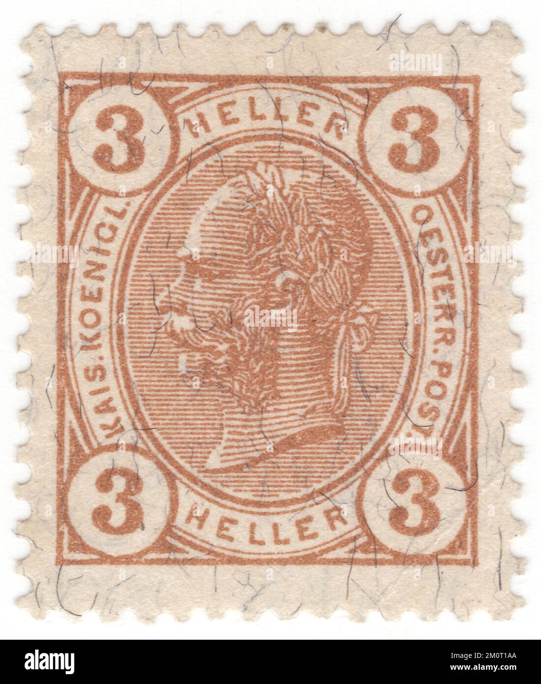 ÖSTERREICH — 1905: Ein 3 heller-bisterbrauner Briefmarken mit einem geprägten Porträt des jungen österreichischen Monarchkaisers Franz Josef. Franz Joseph I oder Franz Joseph I war Kaiser von Österreich, König von Ungarn und die anderen Staaten der Habsburger Monarchie vom 2. Dezember 1848 bis zu seinem Tod am 21. November 1916. Zu Beginn seiner Herrschaft wurden seine Reiche und Gebiete als österreichisches Reich bezeichnet, aber 1867 als zweifache Monarchie des österreichisch-ungarischen Reiches wiederaufgebaut. Vom 1. Mai 1850 bis zum 24. August 1866 war Franz Joseph auch Präsident des Deutschen Bundes Stockfoto