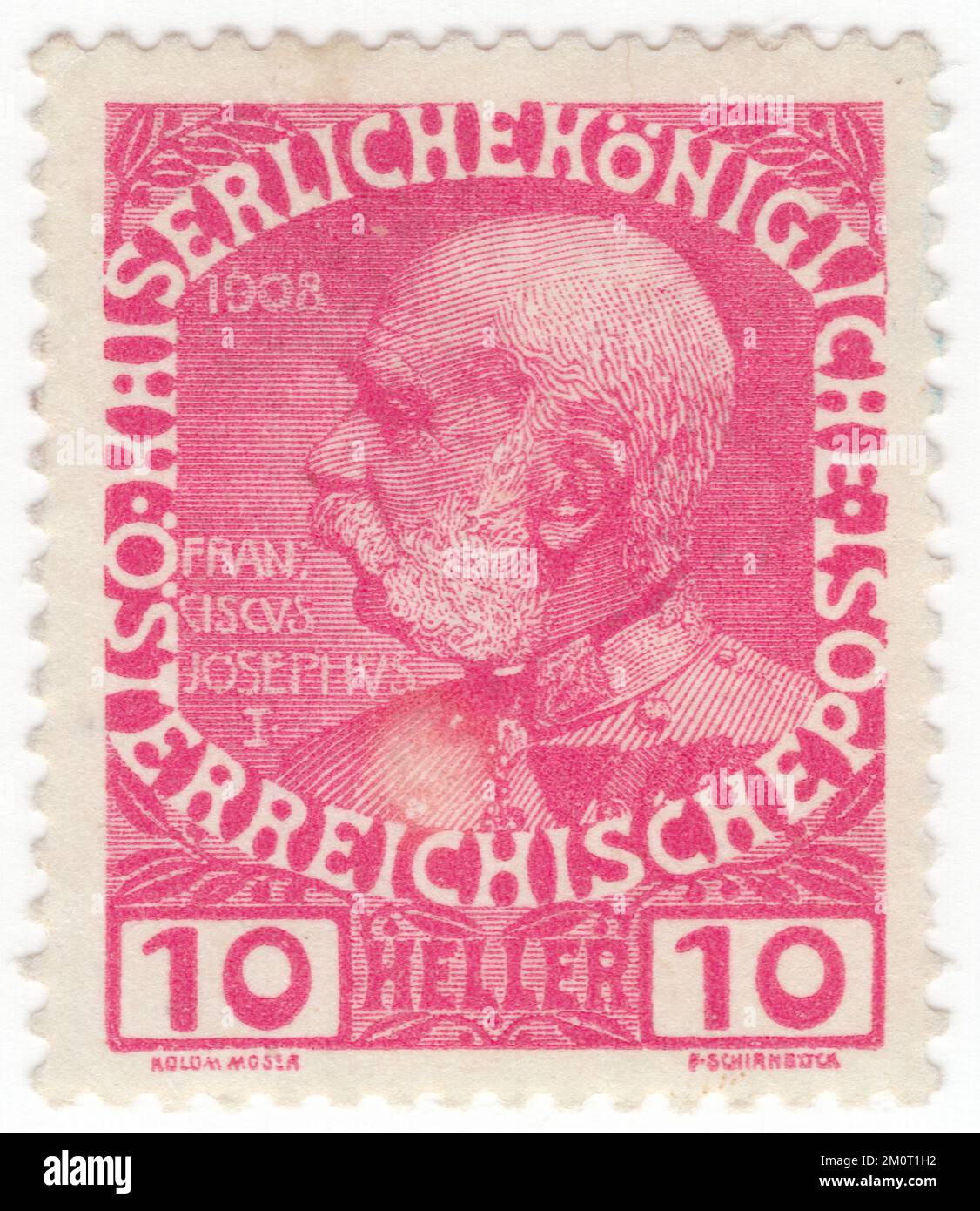 ÖSTERREICH — 1913: Eine Briefmarke von 10 heller-Rosen mit Porträt von Franz Joseph I. Endgültiger Satz ausgestellt für das 60.. Jahr der Herrschaft des österreichischen Monarchen Franz Josef, des Kaisers von Österreich, des Königs von Ungarn und der anderen Staaten der Habsburger Monarchie. Franz Joseph I oder Francis Joseph I war Kaiser von Österreich, König von Ungarn, Und die anderen Staaten der Habsburger Monarchie vom 2. Dezember 1848 bis zu seinem Tod am 21. November 1916.[1] im frühen Teil seiner Herrschaft wurden seine Reiche und Territorien als das Österreichische Reich bezeichnet, aber als Doppelmonarchie wiederaufgebaut Stockfoto