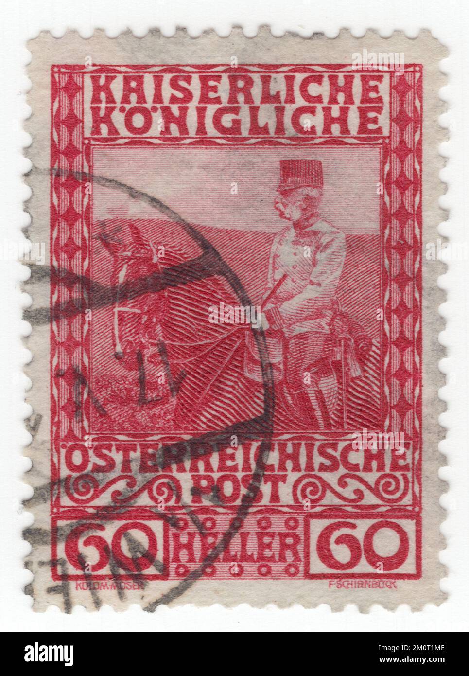 ÖSTERREICH — 1908: Eine dunkelgrüne Briefmarke von 350 heller, die das Porträt von Franz Joseph I. darstellt Endgültiger Satz ausgestellt für das 60.. Jahr der Herrschaft des österreichischen Monarchen Franz Josef, des Kaisers von Österreich, des Königs von Ungarn und der anderen Staaten der Habsburger Monarchie. Franz Joseph I oder Franz Joseph I war Kaiser von Österreich, König von Ungarn und die anderen Staaten der Habsburger Monarchie vom 2. Dezember 1848 bis zu seinem Tod am 21. November 1916. Zu Beginn seiner Herrschaft wurden seine Reiche und Territorien als das österreichische Reich bezeichnet, aber wieder als zweifache Monarchie aufgebaut Stockfoto