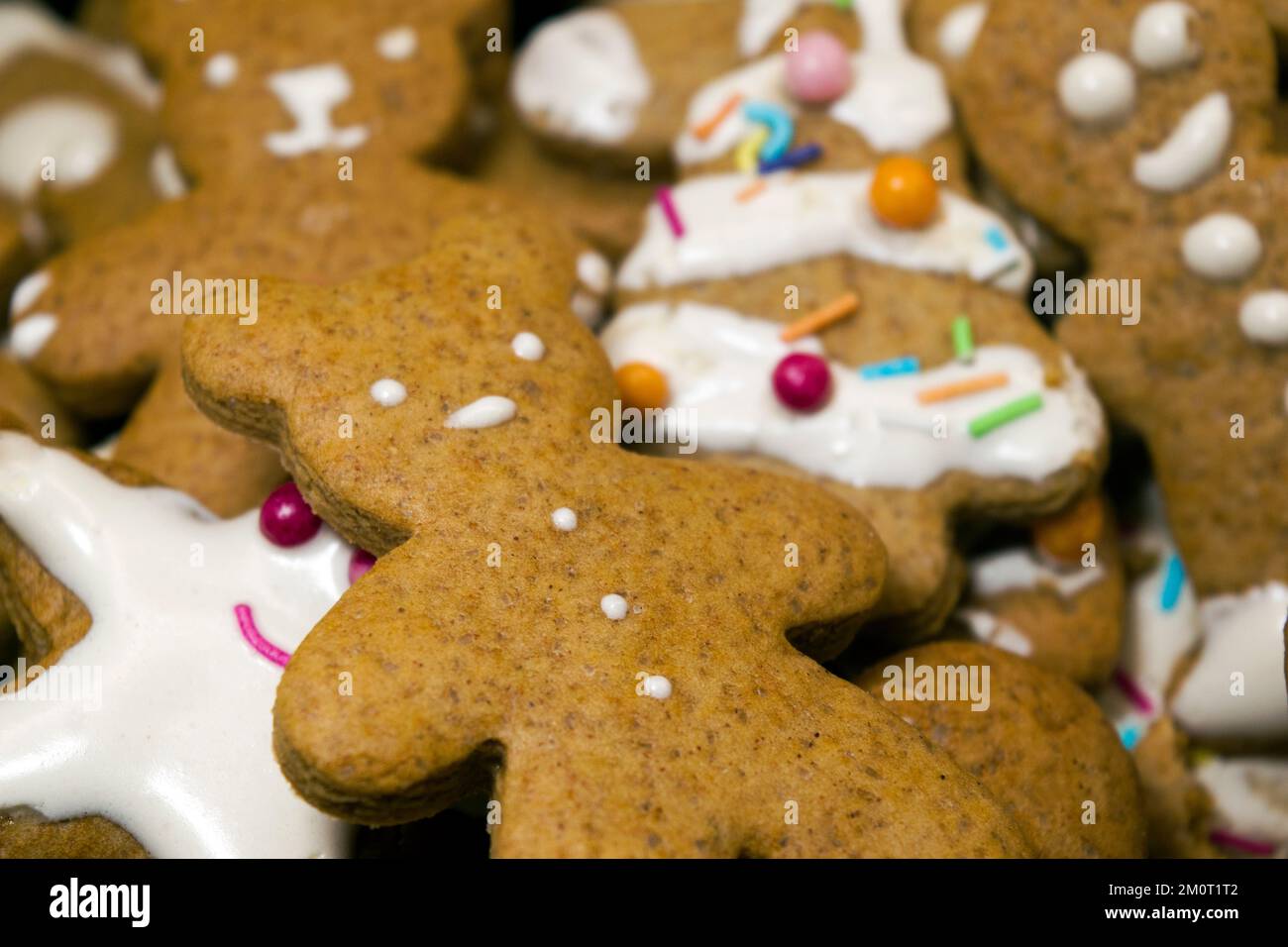 Süßes Lebkuchen hausgemachte Figuren zu Weihnachten, dekoriert mit weißem Glasur und farbigen Süßigkeiten: teddybären, Lebkuchen-Mann, Weihnachtsbaum, Sterne. Stockfoto