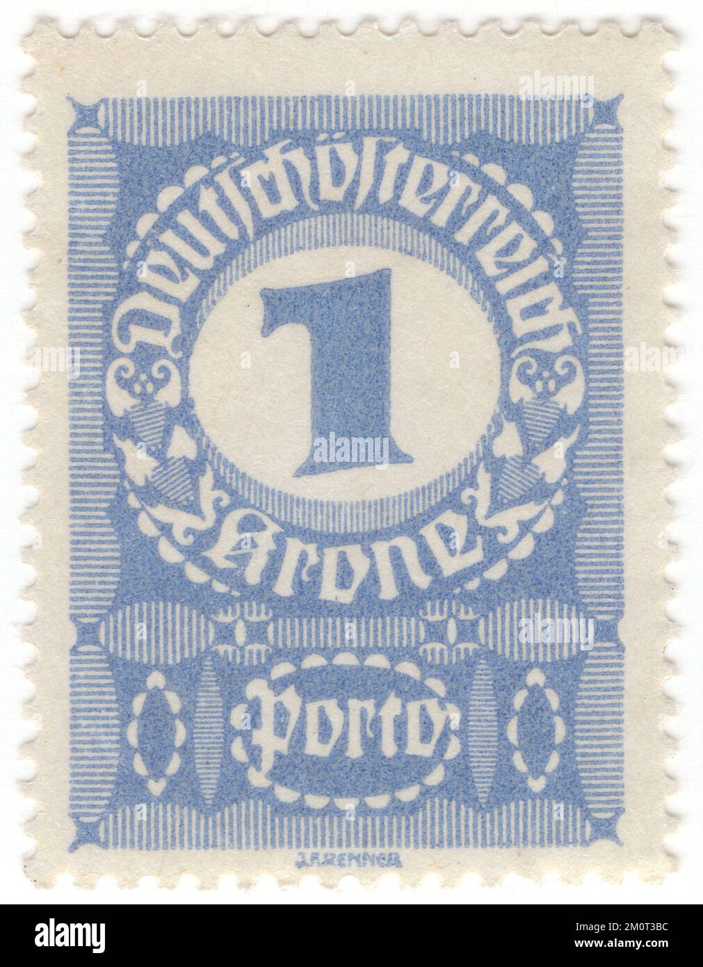 ÖSTERREICH — 1920: Ein heller Briefmarken für ultramarines Porto mit 1 Kronen. Numerische und geometrische Verzierungen. Ausgabe der Ersten Republik Stockfoto