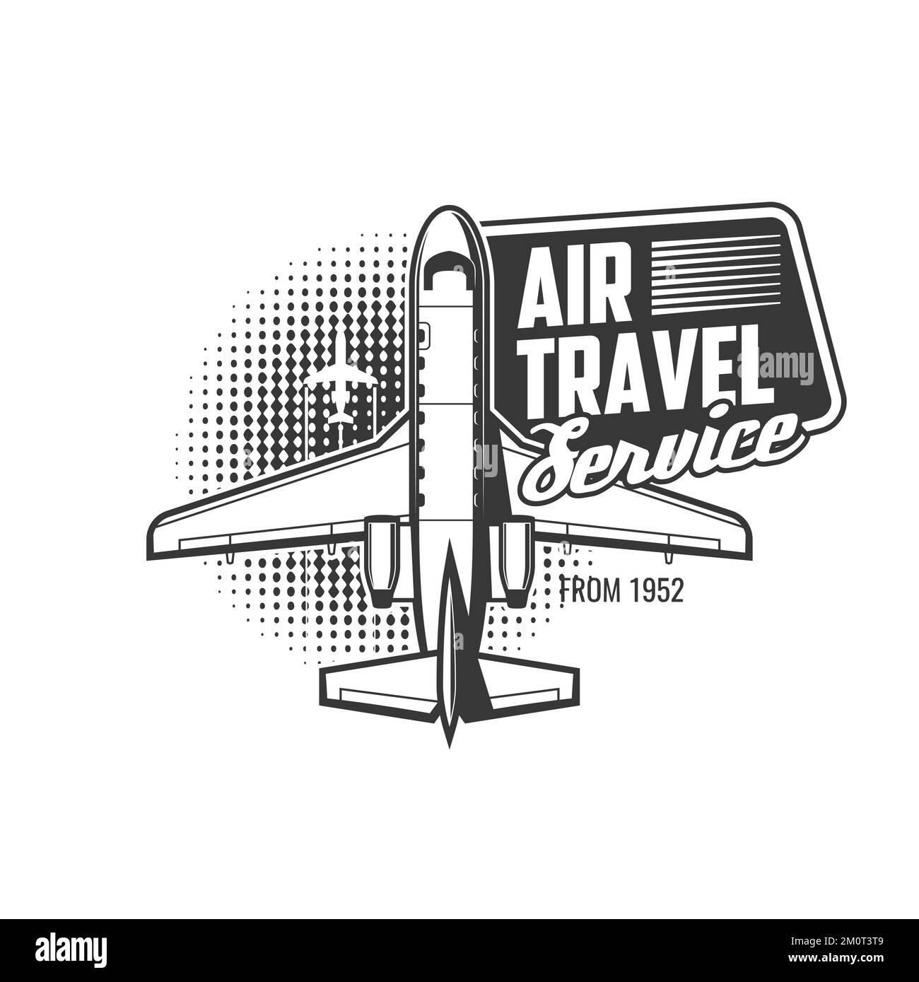 Flugreise Service Symbol, Flugzeugtouren und Flüge, Luftfahrt. Flugreisen oder Fluggesellschaften und Verleih von Privatjets in der Zivilluftfahrt, Piloten Club und Piloten Abenteuerreisen Vektor-Badge Stock Vektor