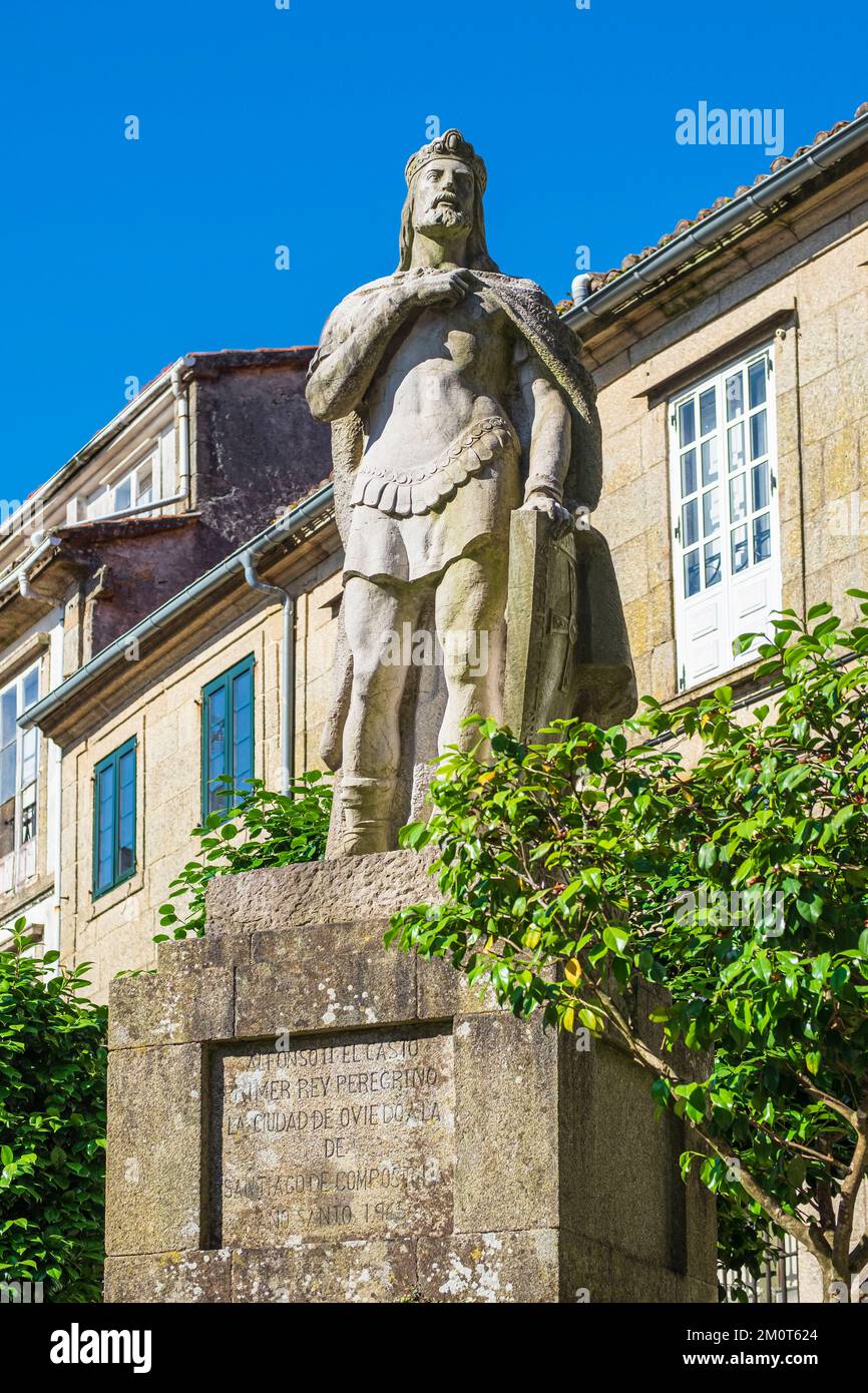 Spanien, Galicien, Santiago de Compostela, die Altstadt (UNESCO-Weltkulturerbe), Denkmal für Alfonso II, König von Asturien von 791 bis 842 und erster Pilger auf dem Camino Primitivo von Oviedo Stockfoto