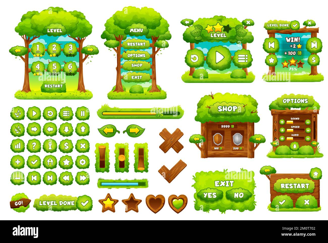 Schnittstelle für Green Forest Game. Spieletasten auf der Benutzeroberfläche, spielelemente auf der benutzeroberfläche. Vektor-Menüfeld, Optionen für Beenden oder Neustart, Fortschrittsleiste und UX-Ebenensymbole mit Pflanzen, Holz und Bäumen. Cartoon-Spielset Stock Vektor