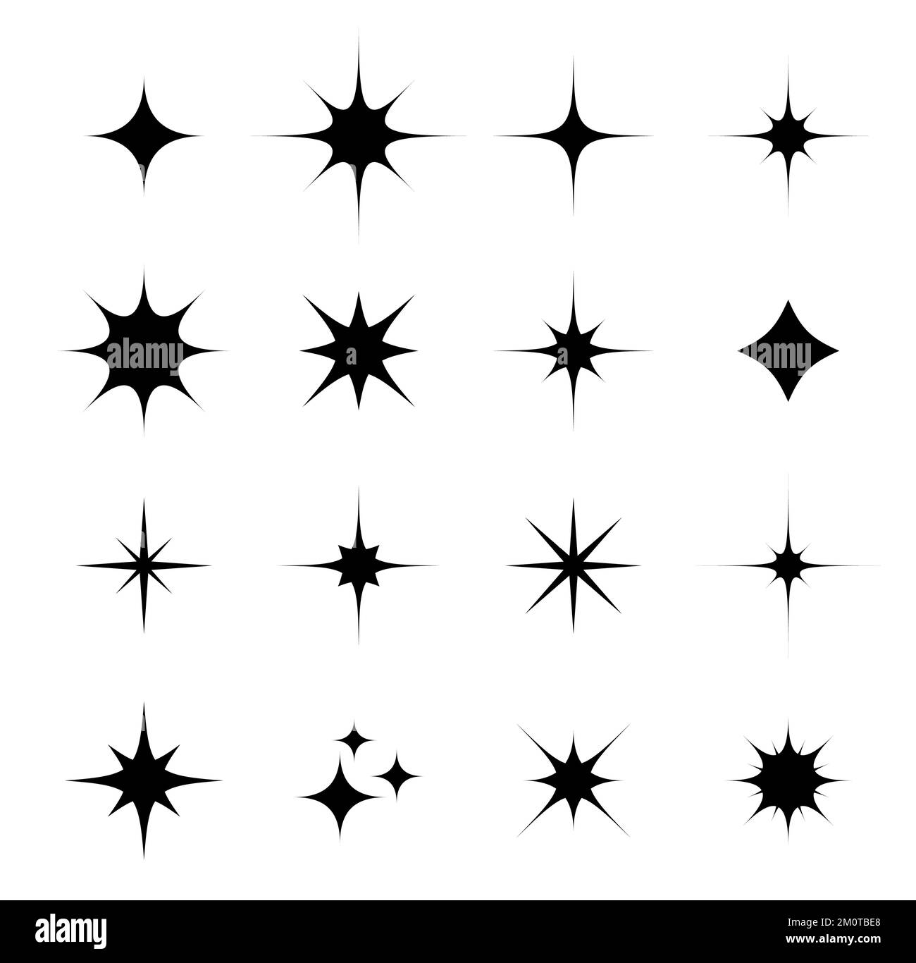 Funkelnde, funkelnde und sternförmige Symbole. Stern- oder Sonnenstrahl, Energie- und magischer Lichtreflex isolierte Vektorsymbole, Comic-Effekte. Raumkonstellation oder Spotlight Blitz schwarze Symbole Stock Vektor