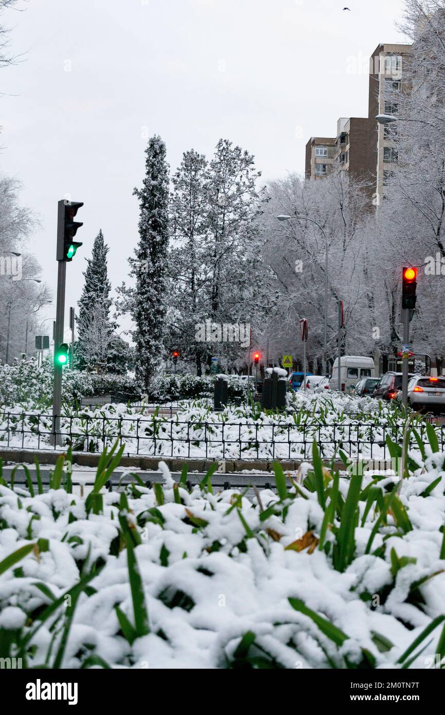 Schnee. Straßen, die mit einer weißen Schneedecke bedeckt sind, die alle Elemente der Straße bedeckt. Komplett weiße Autos. November. 2023. Ohio. USA Stockfoto