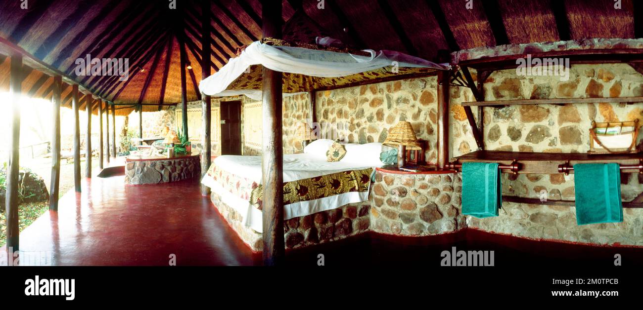 Die Tongabezi Lodge in Sambia ist im traditionellen Stil eingerichtet Stockfoto