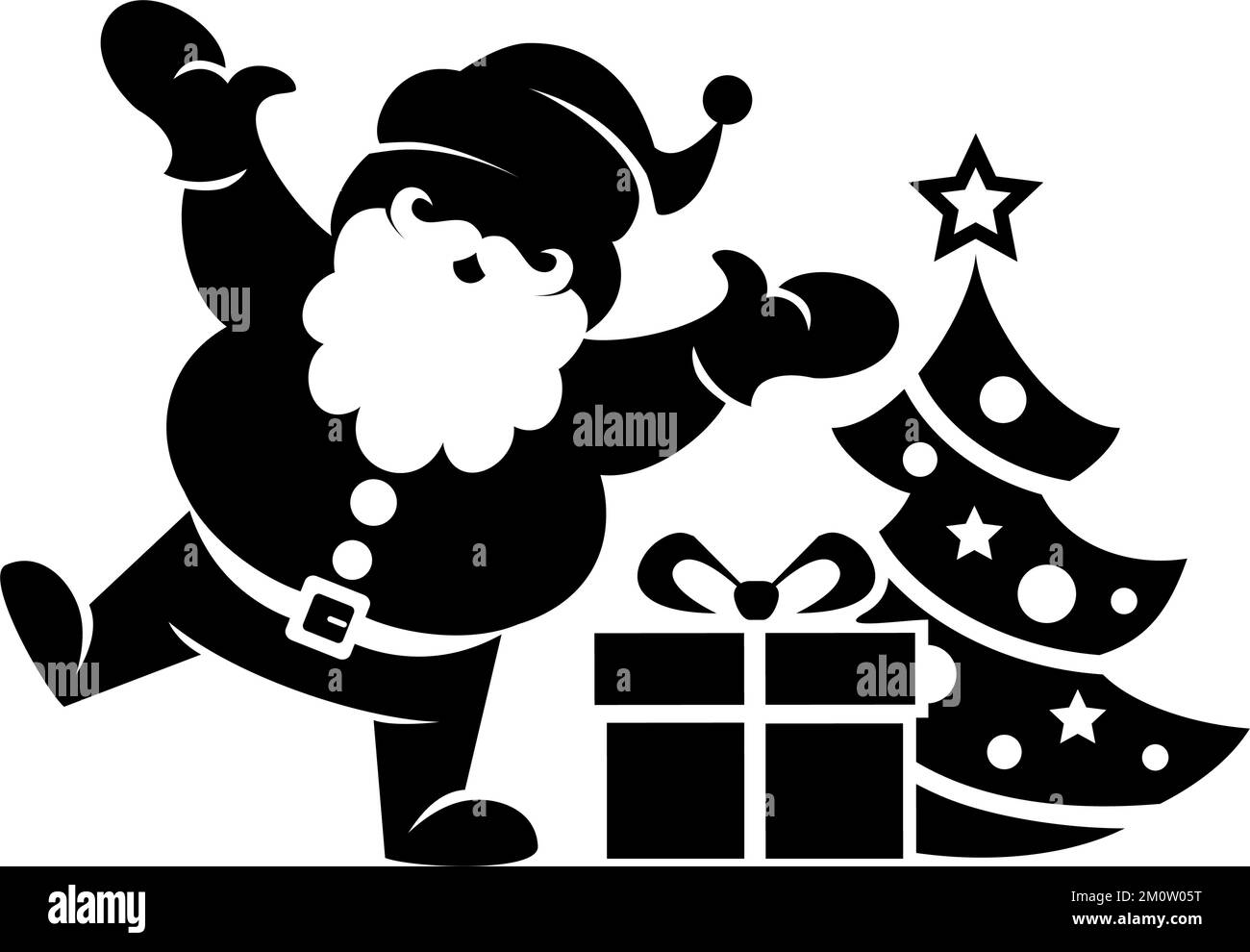 Der Weihnachtsmann tanzt in der Nähe des Weihnachtsbaums mit Geschenken. Vektorsymbol auf transparentem Hintergrund isoliert Stock Vektor