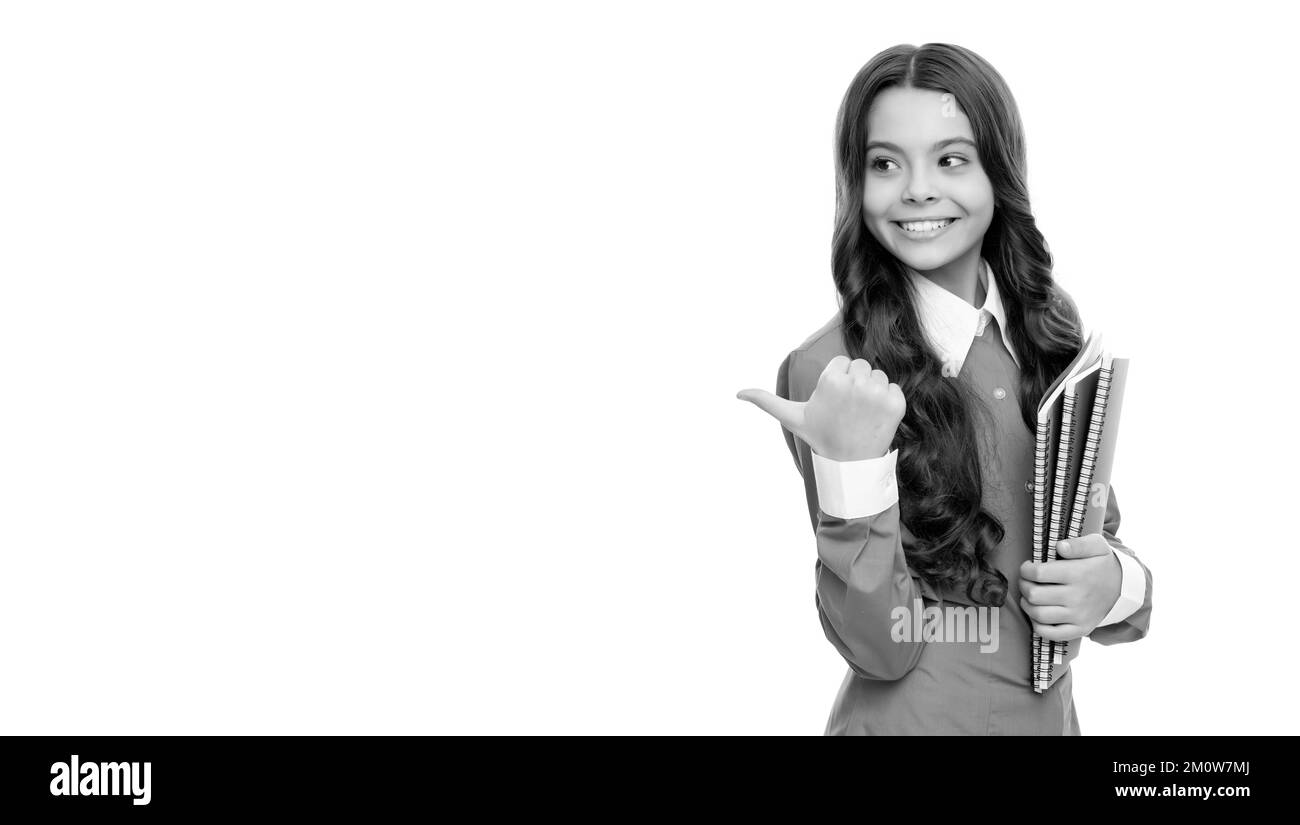 High School Bildung. Schüler mit Copybook. Happy teen Mädchen mit Notebook. Stockfoto