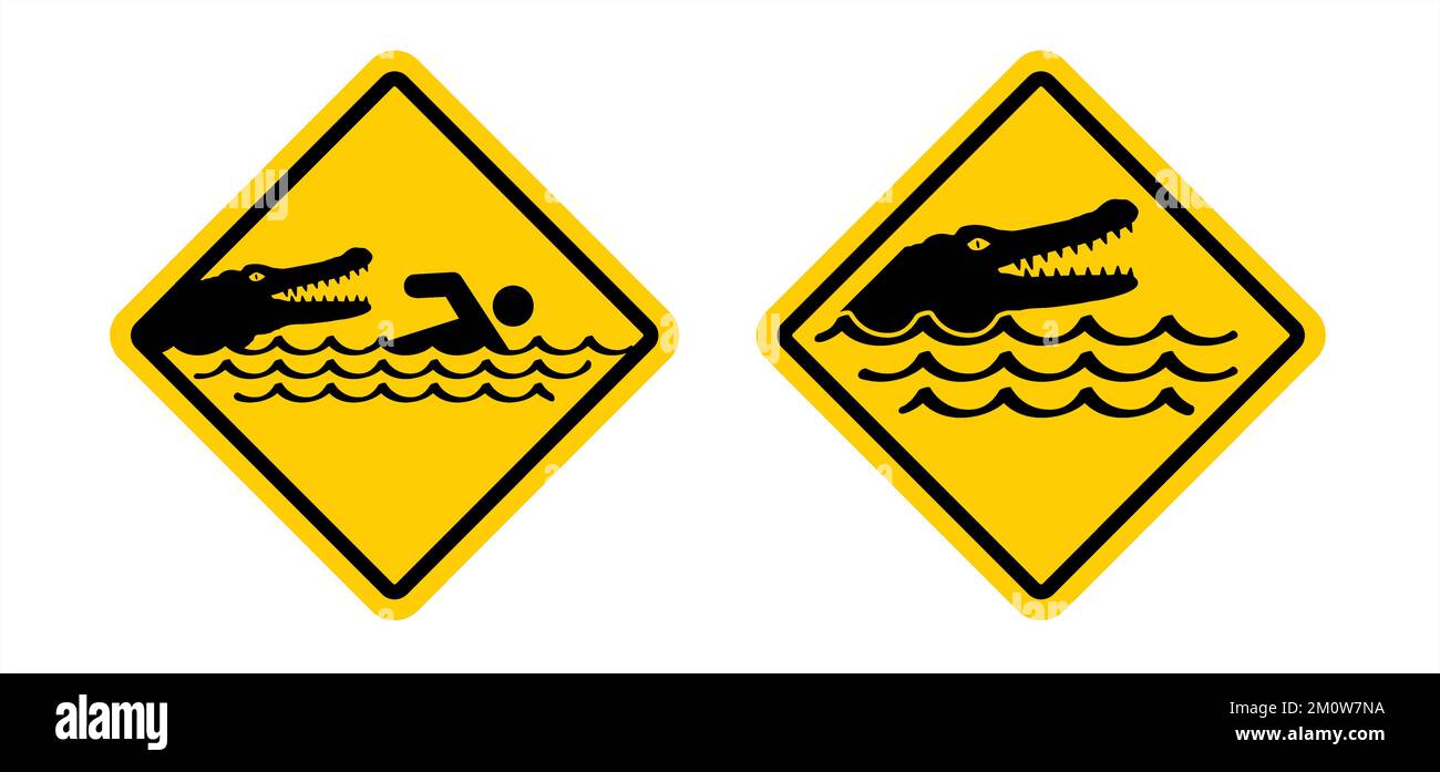 Halten Sie an, hüten Sie sich vor Krokodilen oder Kaiman-Siegelbrettern. Cartoon Krokodil- oder Fleischfresser-Reptil-Warnschild für Strand, Flussbewohner im Wasser- oder Meeresbereich Stockfoto