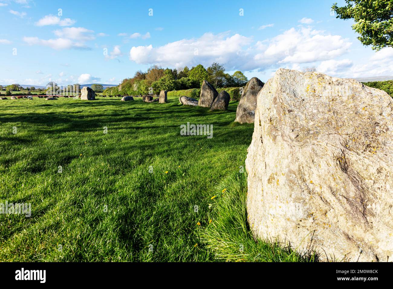 Long Meg und ihre Töchter, Steinkreis, Cumbria, Großbritannien, Steinkreis, Roter Sandstein, Monument, Megalith, Monolith, megalithische Kunst, Stockfoto