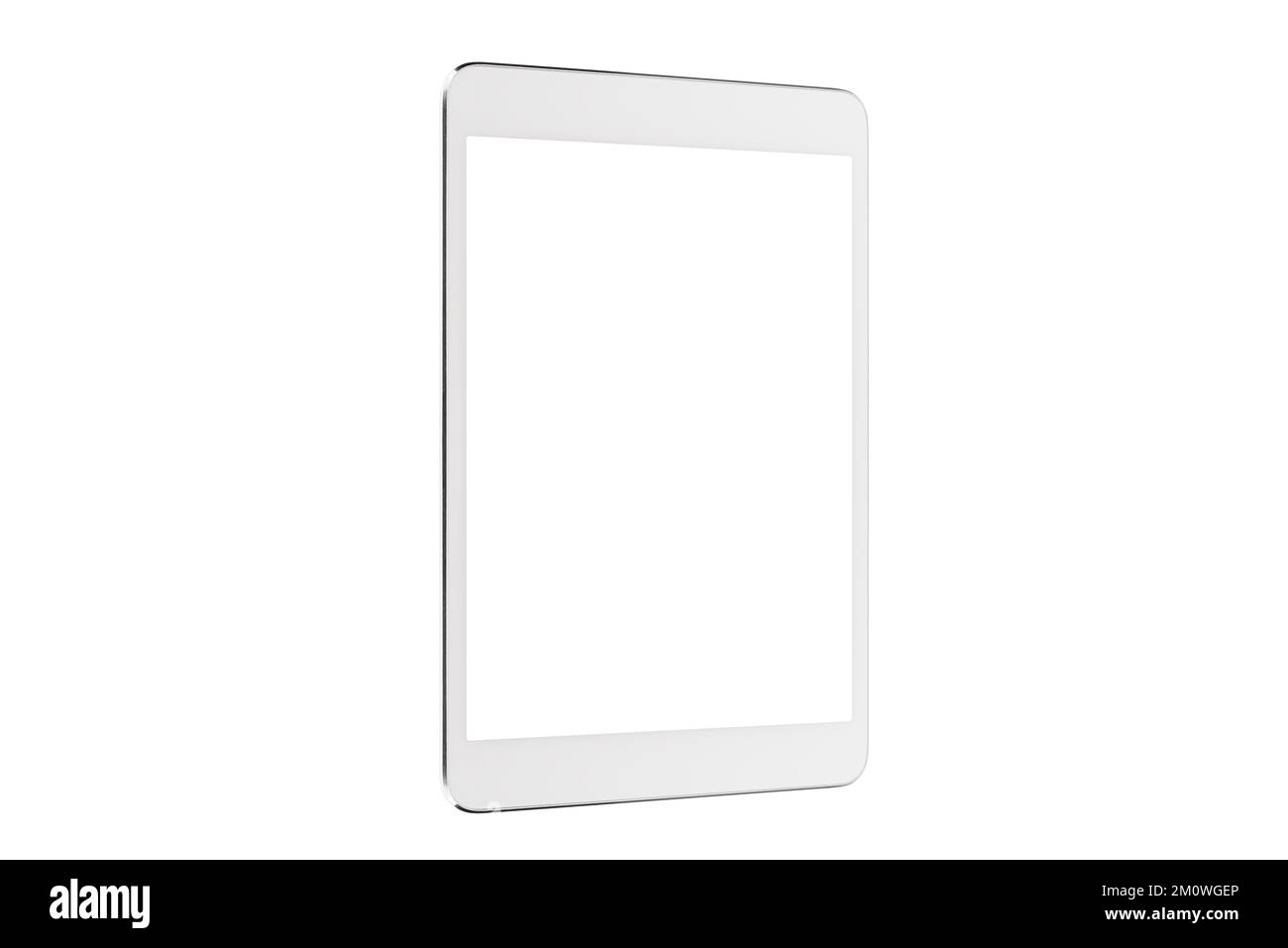 Digital Tablet isoliert auf weißem Hintergrund mit drei Vierteln Mockup, Neues, rahmenloses Tablet ohne Rahmen in Schwarz mit weißem Bildschirm Stockfoto