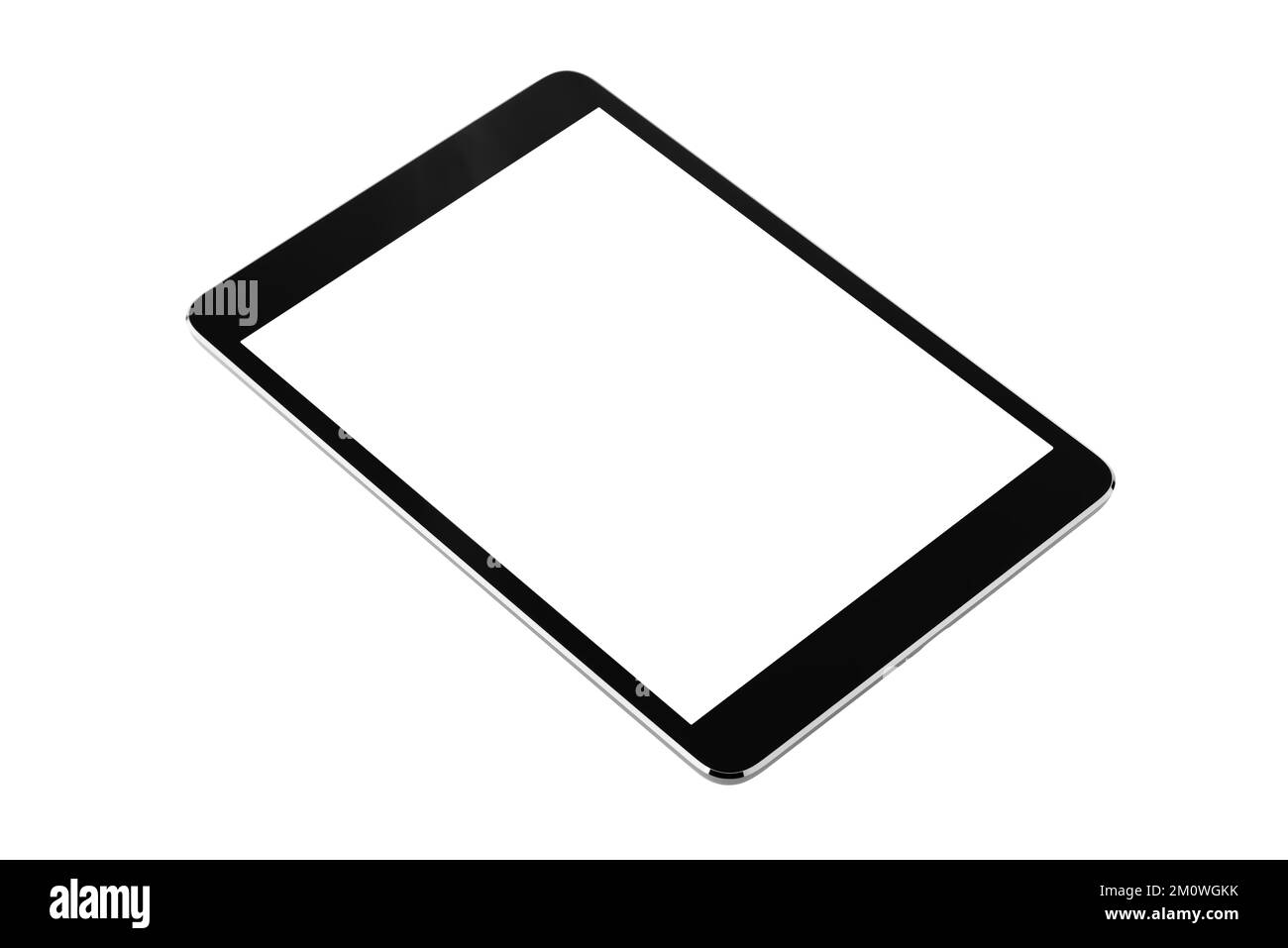 Digital Tablet isoliert auf weißem Hintergrund mit drei Vierteln Mockup, Neues, rahmenloses Tablet ohne Rahmen in Schwarz mit weißem Bildschirm Stockfoto