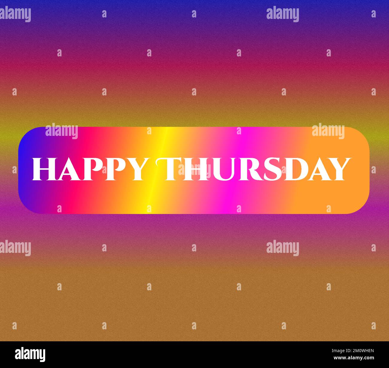 Ein illustrierter TEXT „HAPPY THURSDAY“ ein farbenfrohes Symbol, isoliert auf farbenfrohem Hintergrund Stockfoto