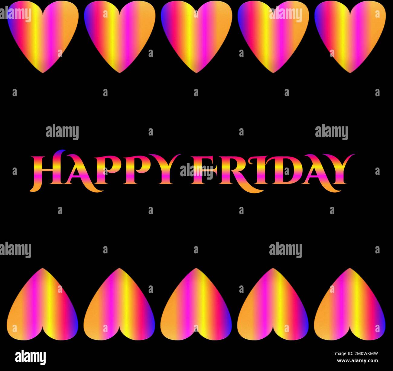 Ein illustrierter farbenfroher „HAPPY FRIDAY“-Text mit bunten Herzformen auf schwarzem Hintergrund Stockfoto