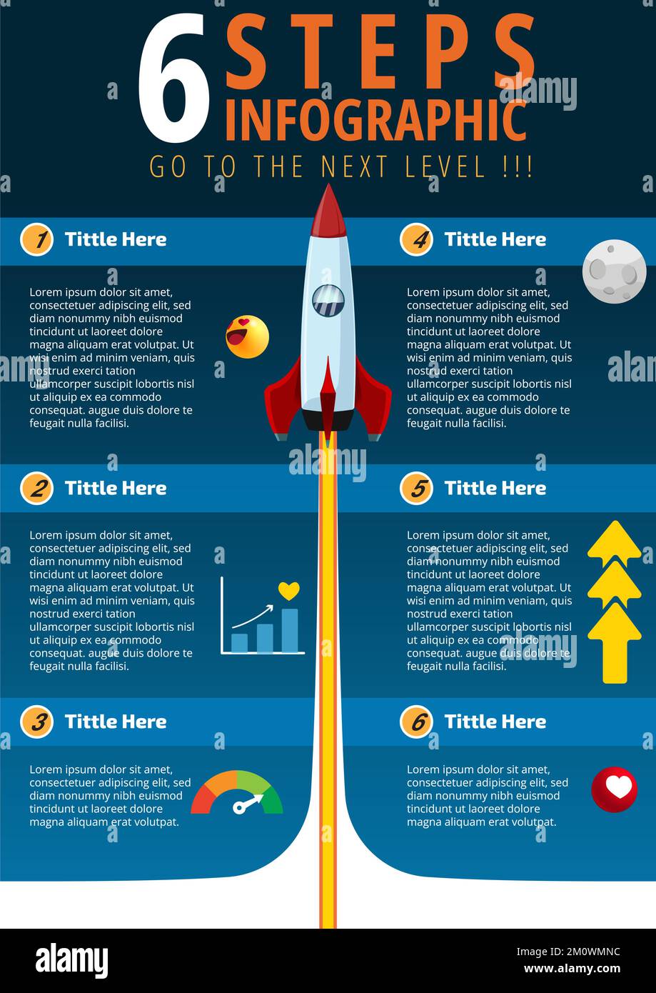 6 Schritte Infografik Rocket Launcher Nächste Ebene Geeignet Für Präsentationsposter, Informationsposter, Digitales Content Design, Booster-Marketing-Poster Stock Vektor