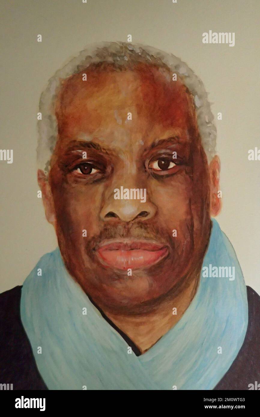 Tägliche Zusammenfassung. Portraitmalerei des Schauspielers Don Warrington, der die Rolle von Philip Smith spielte, einem britischen Afrikaner der zweiten Generation aus Croydon, der über seinen Anspruch, der Sohn eines afrikanischen Stammeshäuptlings zu sein, lügt und dass er ein Prinz ist. Dieser Charakter war in der britischen Sitcom Rising Damm mit Rigsby [ Leonard Rossiter ] und anderen hervorragenden Schauspielern Frances de la Tour und Richard Beckinsale sehr beliebt. Der Titel dieses abstrakten Porträts ist, woher Sie wirklich kommen. Stockfoto