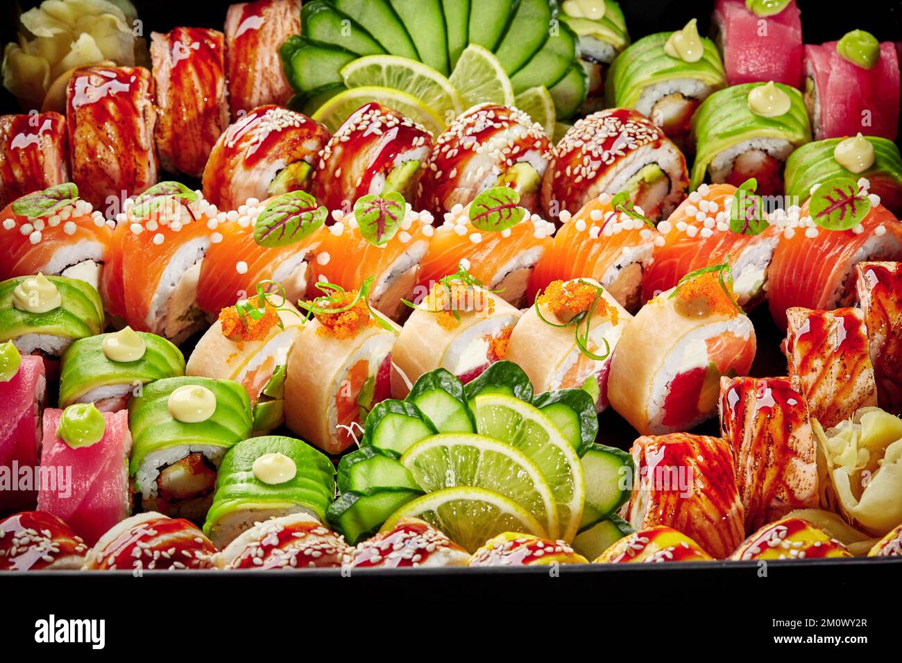 Set mit verschiedenen Brötchen mit Thunfisch, Lachs und Aal, verpackt im Karton Stockfoto