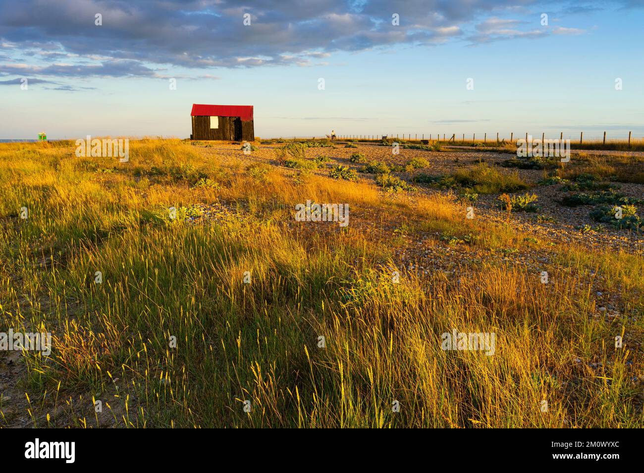 Rye Harbour Nature Reserve in Sunset Hut mit rotem Dach Red Roofed Hut Rye Harbour Rye East Sussex England GB Europa Stockfoto