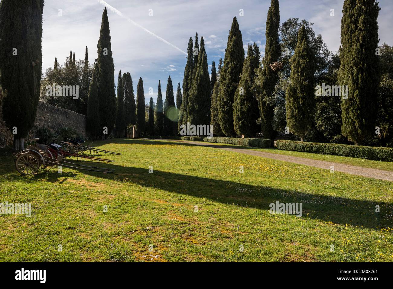 Toskana, Italien - 7. April 2022: Von Zypernbäumen gesäumter Eingang zum Landgut Tenuta di Spannocchia Stockfoto