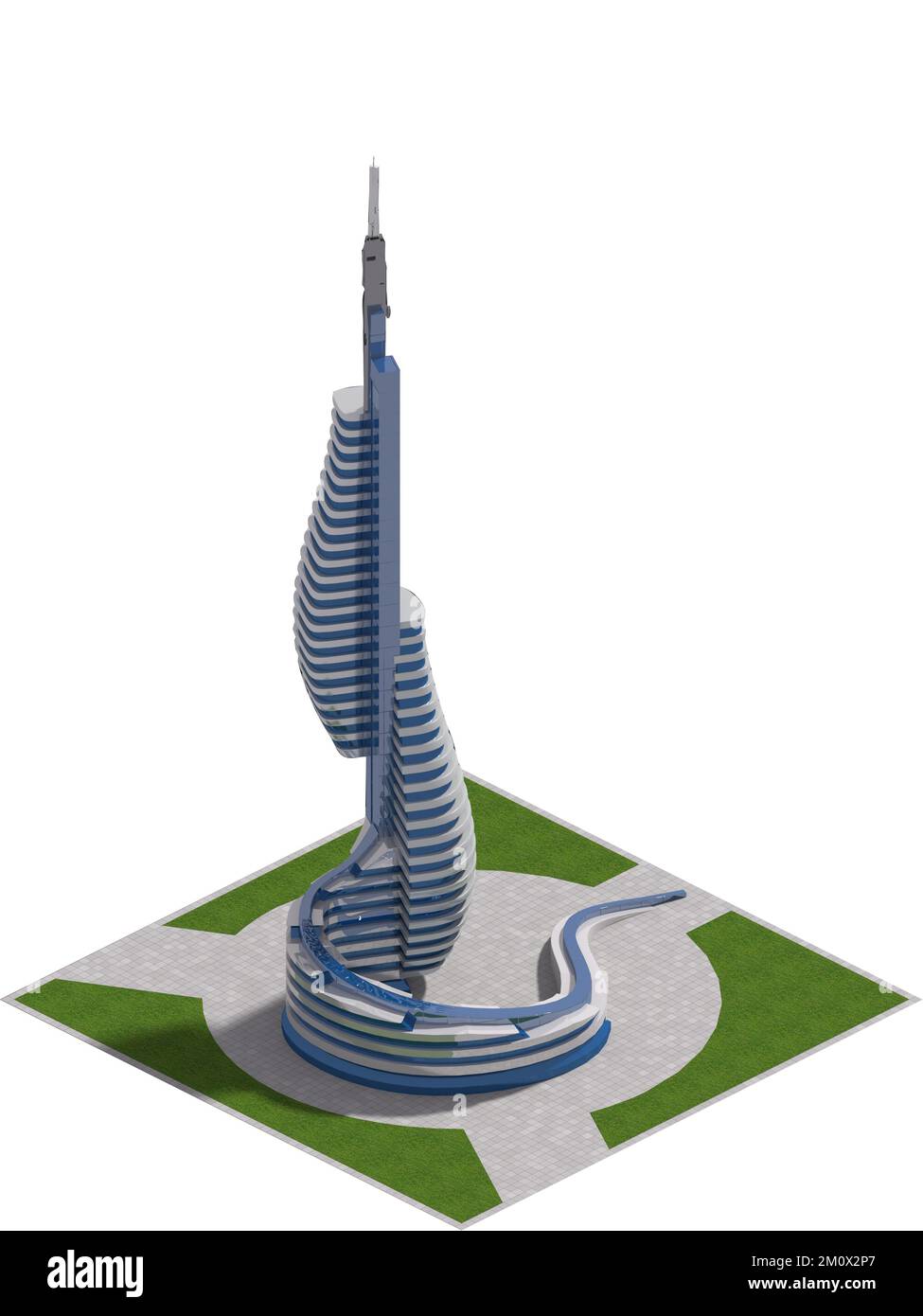 Futuristische Architektur für ein quadratisches Kachelspiel, das in isometrischer Projektion dargestellt wird. Der Beschneidungspfad ist in der Abbildung 3D enthalten. Stockfoto