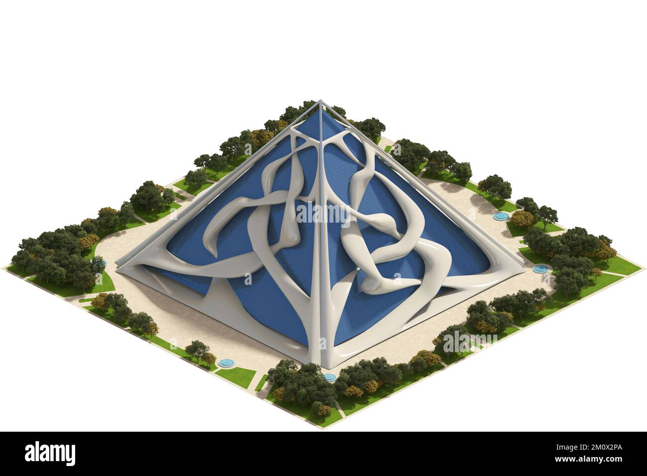 Futuristische Architektur für ein Spiel mit quadratischem Gitter, in dimetrischer Projektion gerendert. Der Beschneidungspfad ist in der 3D-Abbildung enthalten. Stockfoto