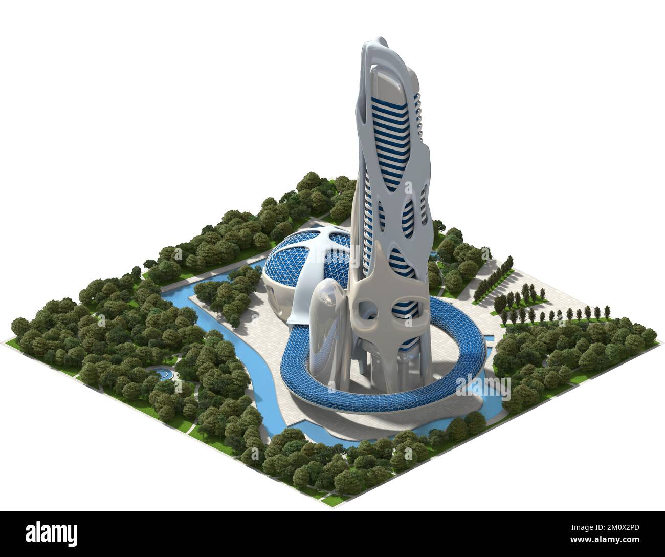 3D Illustration einer futuristischen Stadt mit Landschaftsarchitektur, in isometrischer Projektion mit einer orthographischen Kamera dargestellt. Der Beschneidungspfad ist Stockfoto