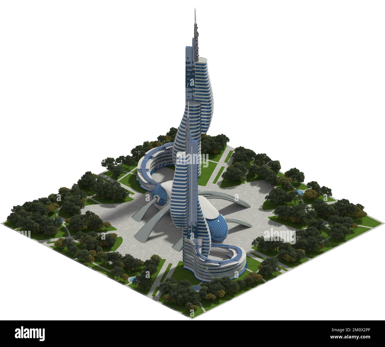 3D Illustration einer futuristischen Stadt mit Landschaftsarchitektur, in isometrischer Projektion mit einer orthographischen Kamera dargestellt. Der Beschneidungspfad ist Stockfoto
