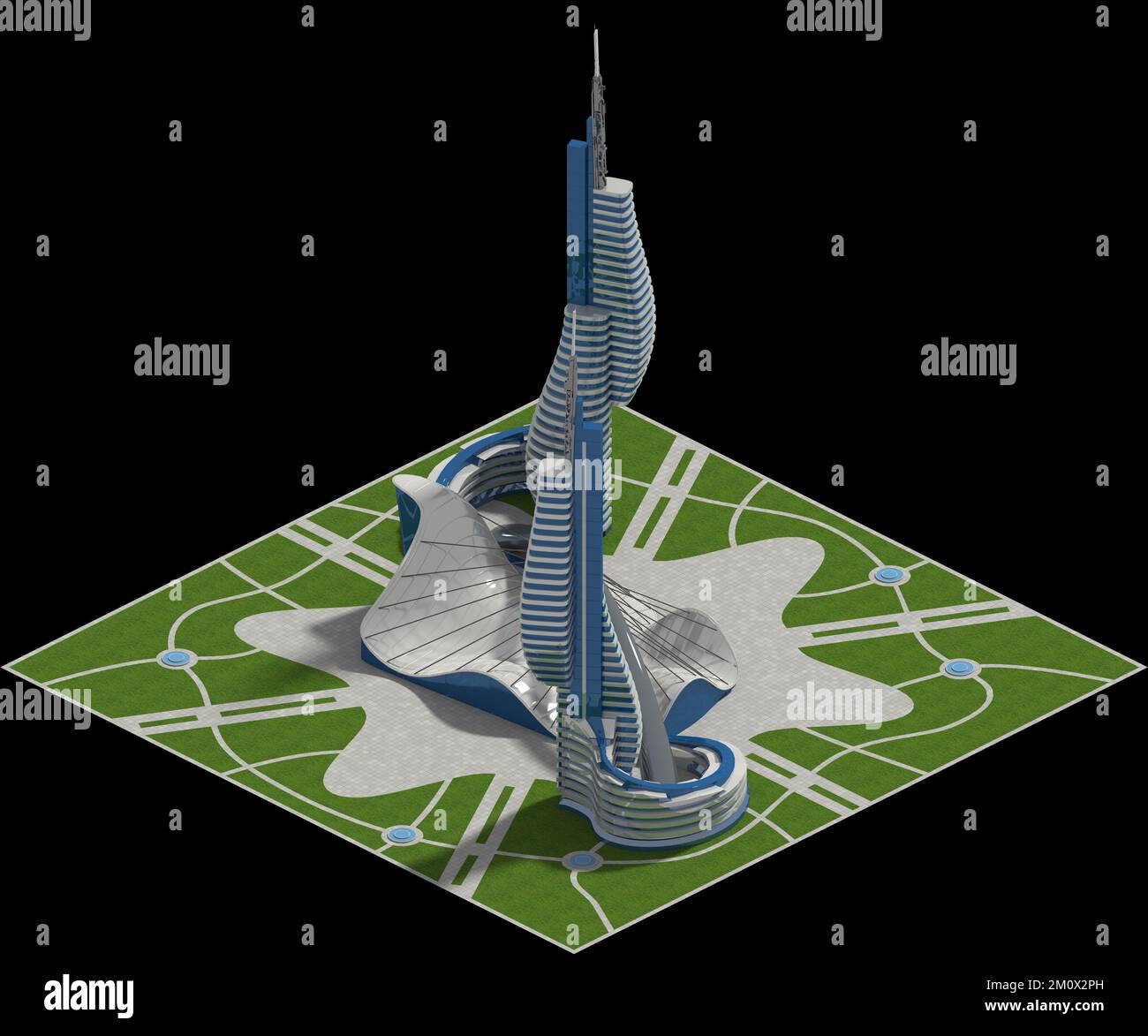 Futuristische Architektur für ein quadratisches Kachelspiel, das in isometrischer Projektion dargestellt wird. Der Beschneidungspfad ist in der Abbildung 3D enthalten. Stockfoto