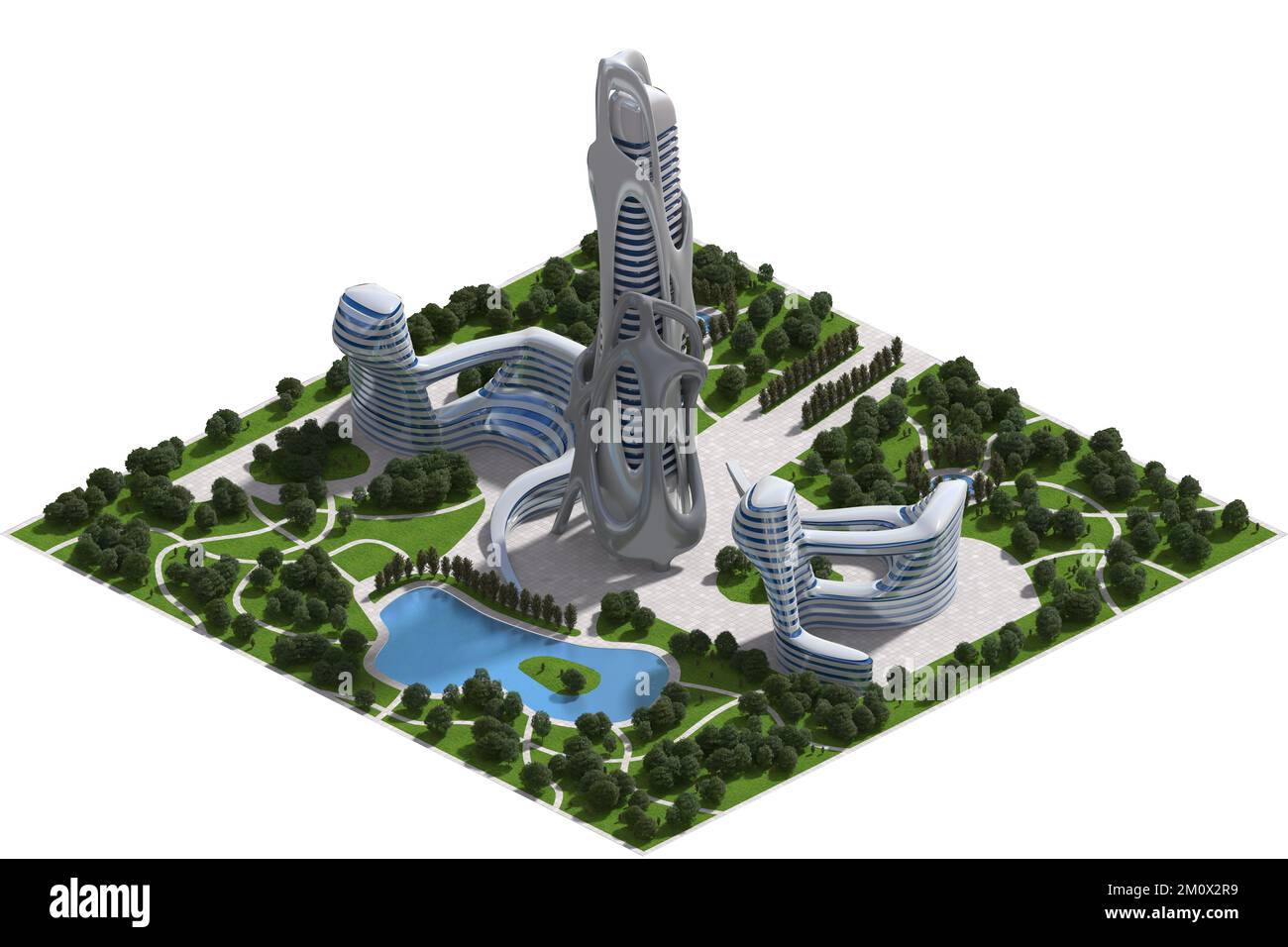 3D Illustration einer futuristischen Stadt mit Landschaftsarchitektur, in isometrischer Projektion mit einer orthographischen Kamera dargestellt. Der Beschneidungspfad ist Stockfoto