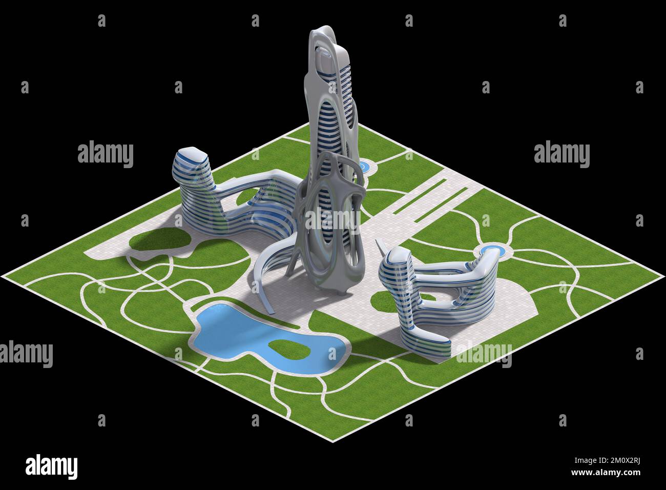 Futuristische Architekturdarstellung für ein 3D-teiliges Spiel, das in isometrischer Projektion mit einer orthographischen Kamera gerendert wurde. Der Beschneidungspfad ist enthalten i Stockfoto