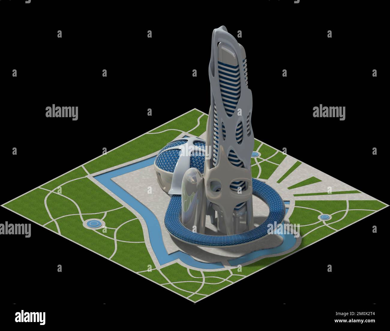 Futuristische Architekturdarstellung für ein 3D-teiliges Spiel, das in dimetrischer Projektion mit einer orthographischen Kamera gerendert wurde. Der Beschneidungspfad ist in enthalten Stockfoto