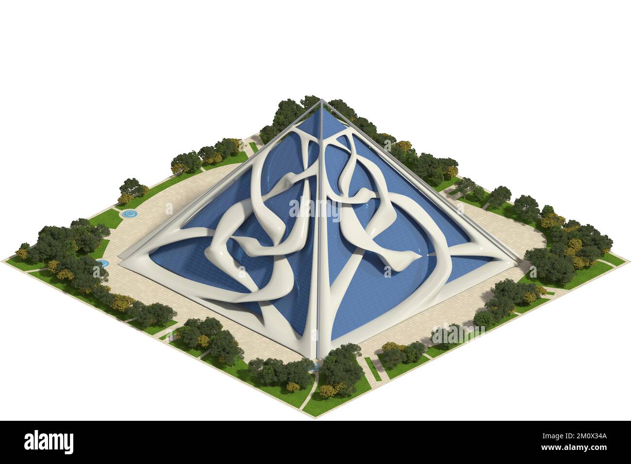 Futuristische 3D-Darstellung einer Stadt mit Landschaftsarchitektur, die in isometrischer Projektion mit einer orthographischen Kamera dargestellt wird. Der Beschneidungspfad ist enthalten Stockfoto