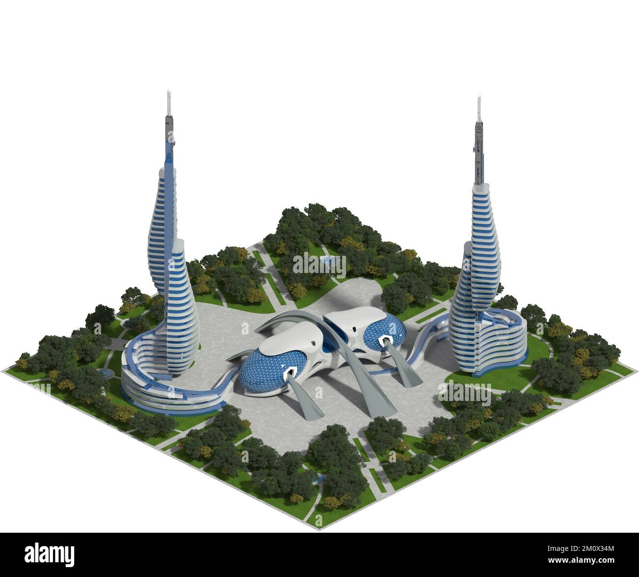 3D-Modell mit futuristischer Landschaftsarchitektur für ein gekacheltes Spiel, das in dimetrischer Projektion mit einer orthographischen Kamera gerendert wurde. Der Schnittpfad ist ebenfalls enthalten Stockfoto