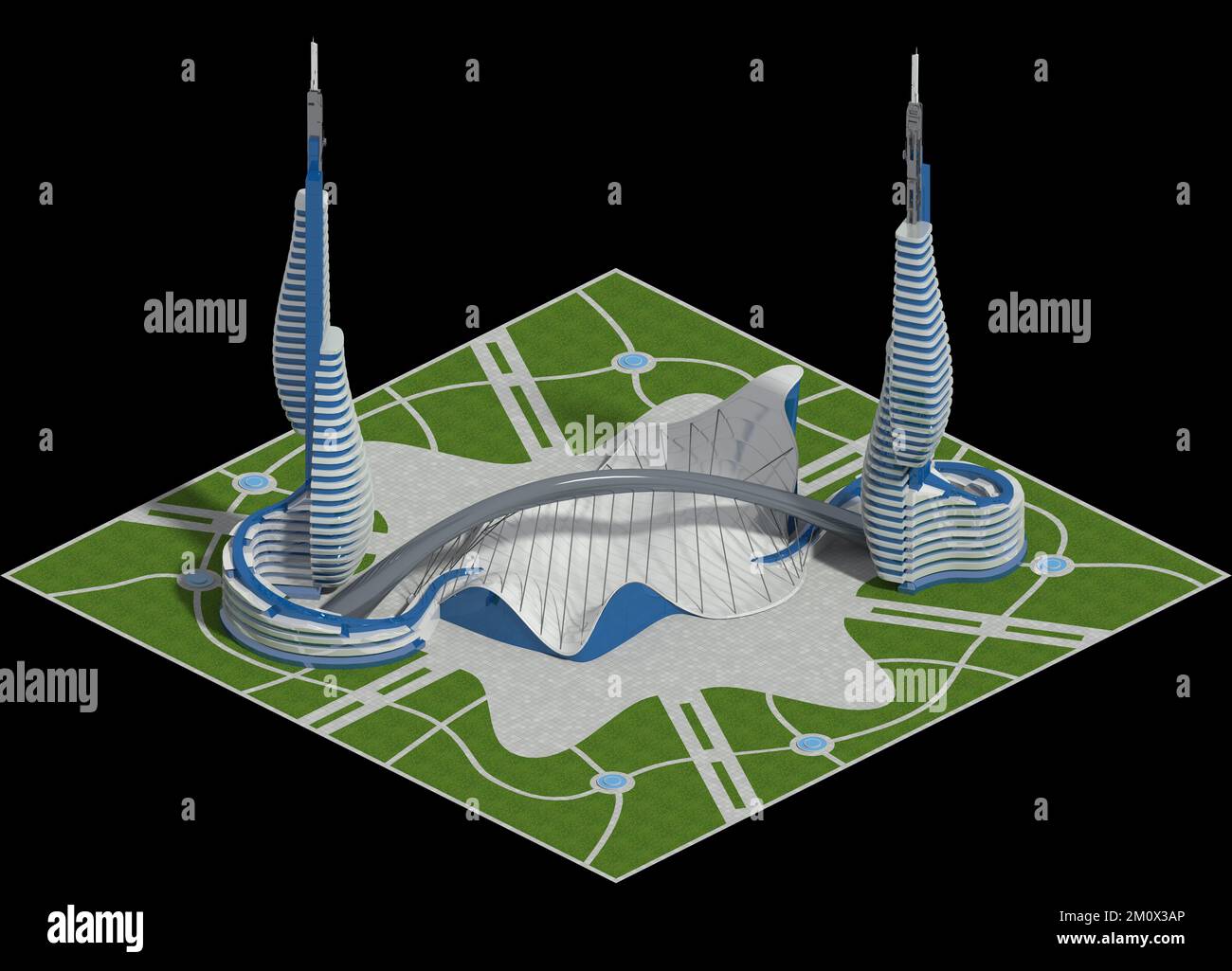 Futuristische Architektur für ein Spiel mit quadratischem Gitter, in dimetrischer Projektion gerendert. Der Beschneidungspfad ist in der 3D-Abbildung enthalten. Stockfoto
