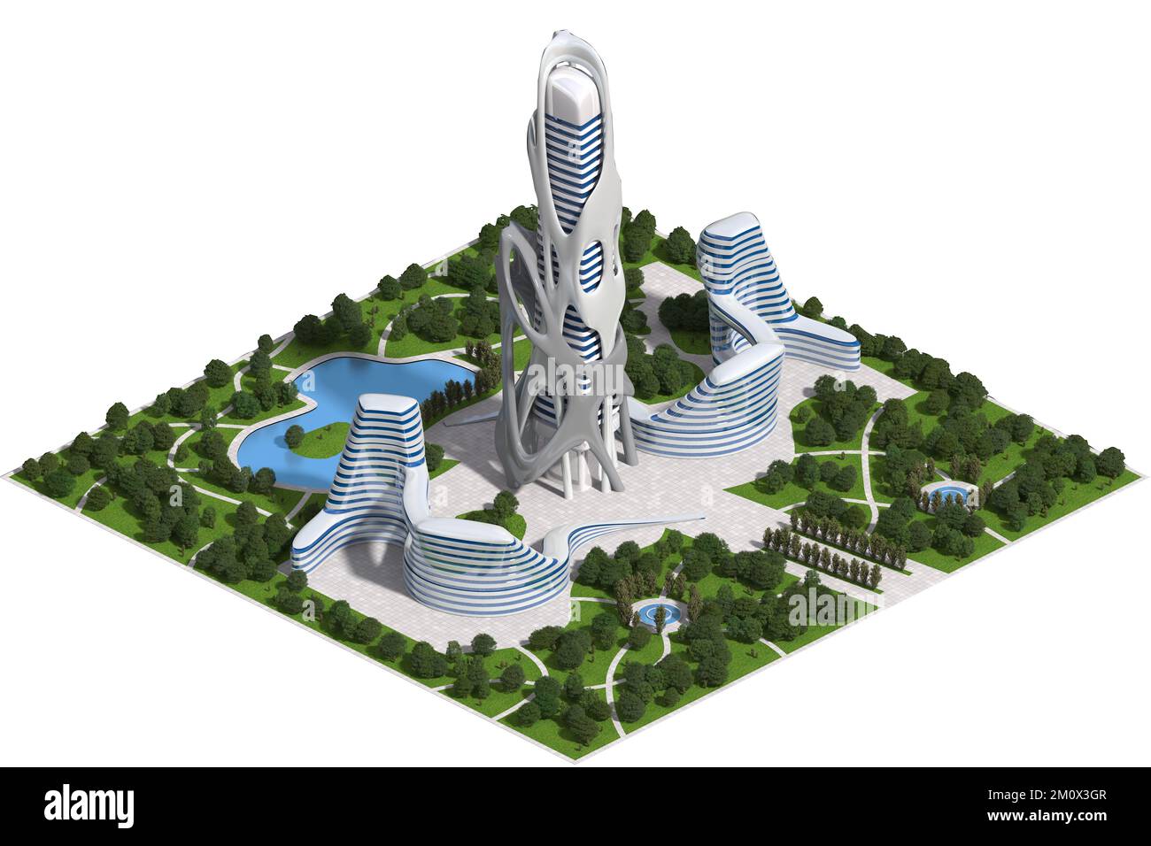 3D-Modell mit futuristischer Landschaftsarchitektur für ein gekacheltes Spiel, das in dimetrischer Projektion mit einer orthographischen Kamera gerendert wurde. Der Schnittpfad ist ebenfalls enthalten Stockfoto