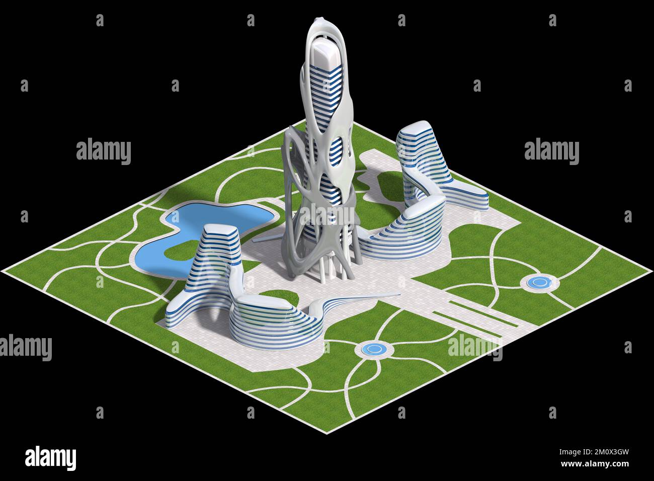Futuristische Architekturdarstellung für ein 3D-teiliges Spiel, das in isometrischer Projektion mit einer orthographischen Kamera gerendert wurde. Der Beschneidungspfad ist enthalten i Stockfoto