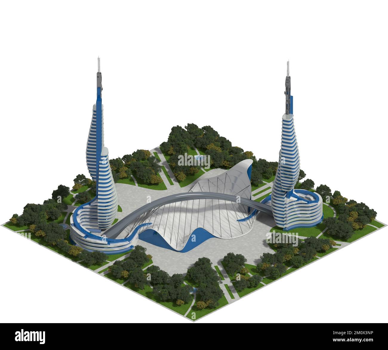 3D Illustration einer futuristischen Stadt mit Landschaftsarchitektur, in isometrischer Projektion mit einer orthographischen Kamera dargestellt. Der Beschneidungspfad ist Stockfoto