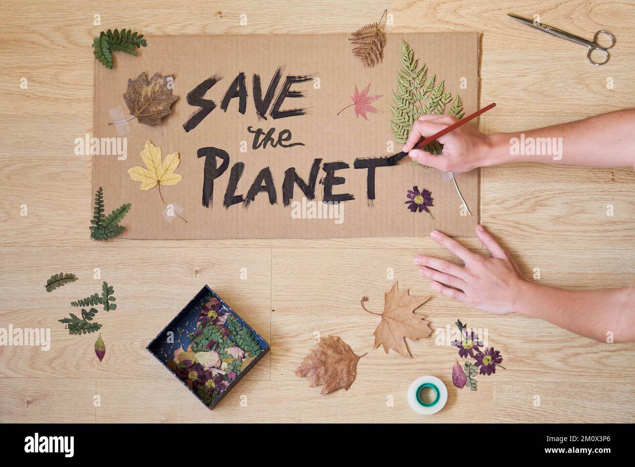 Draufsicht von Frauen, die ein Poster als Aufruf zum Handeln gegen den Klimawandel machen. Stockfoto