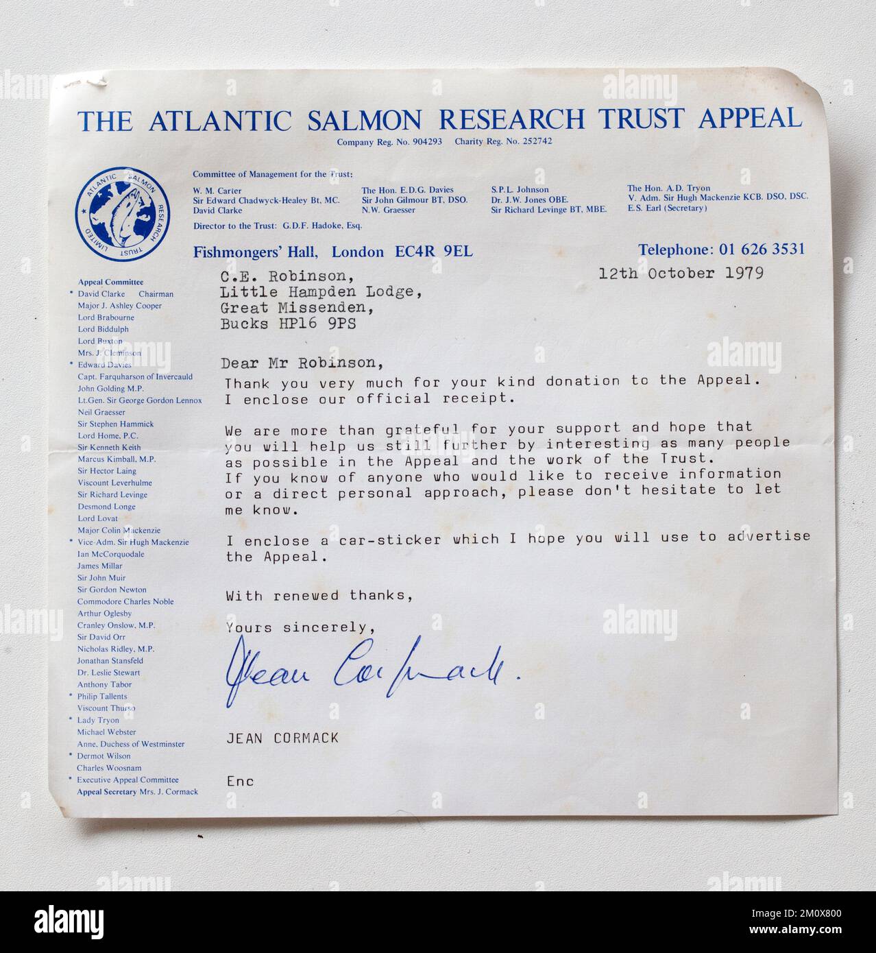 1970er Dankesschreiben der Lachs Research Charity für Spenden Stockfoto