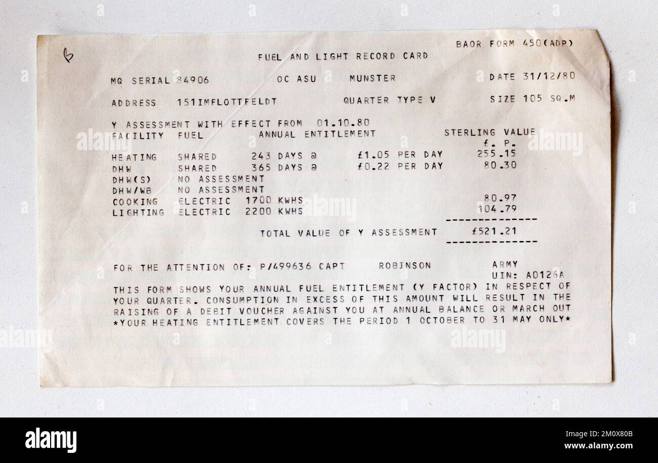 1980er Jahre britische Armee Stab Militär Brennstoff- und Leichtgutschein-Record-Karte Stockfoto