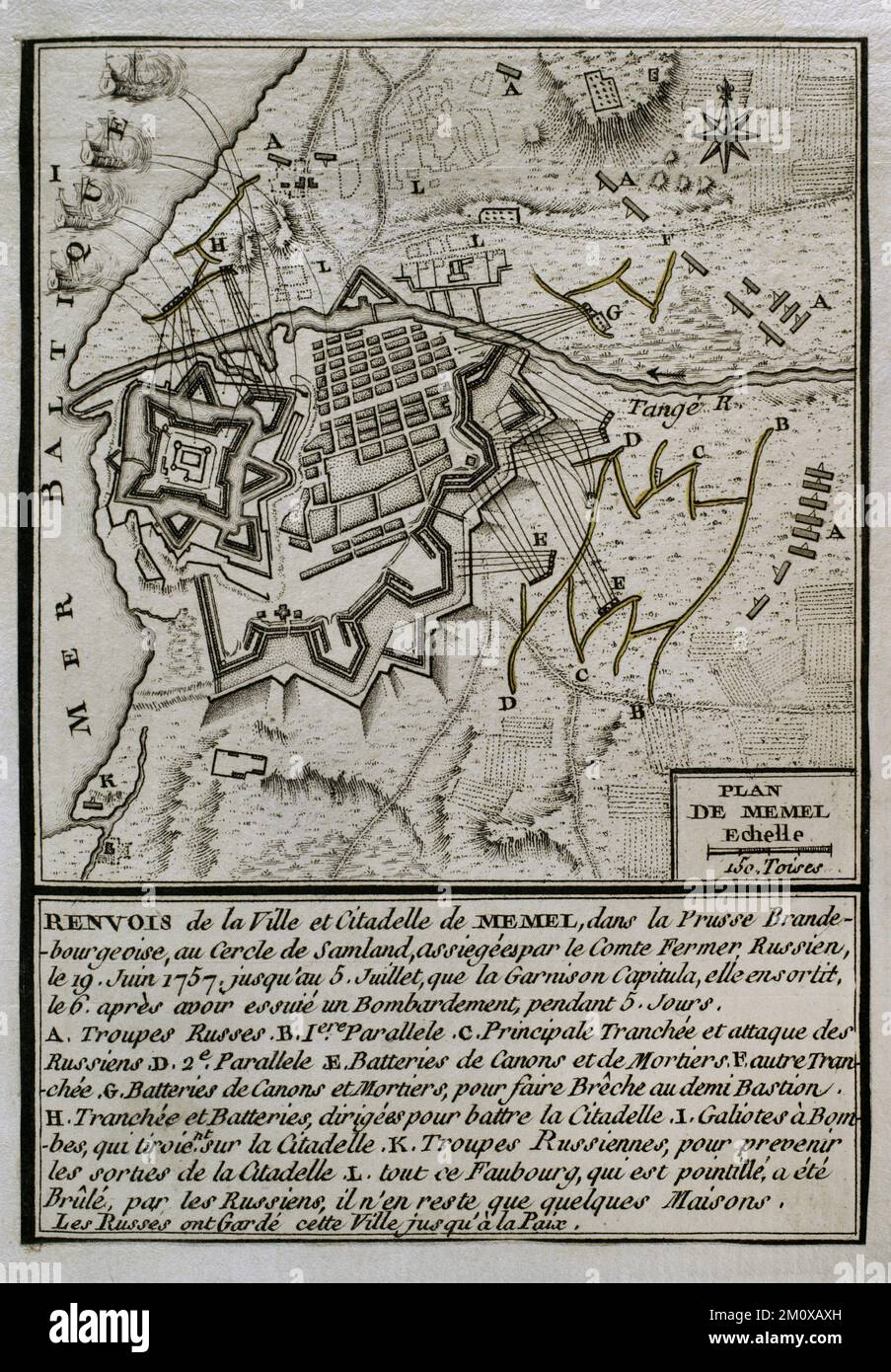 7 Jahre Krieg (1756-1763). Karte des russischen Bombenanschlags auf Memel, 1757. Am 19. Juni 1757 belagerte die russische Armee unter dem Kommando von Feldmarschall Stepan Fjodorovich Apraksin die Stadt, um eine der stärksten Festungen Preußen zu erobern. Nach fünf Tagen schweren Artilleriefeuers gelang es den russischen Truppen, sie anzugreifen. Die Garnison kapitulierte am 6. Juli und wurde von den Russen für den Rest des Krieges eingenommen. Memel wurde von den Russen als Basis benutzt, um Ostpreußen zu erobern. Veröffentlicht 1765 vom Kartografen Jean de Beaurain (1696-1771) als Illustration seiner großen Karte Stockfoto