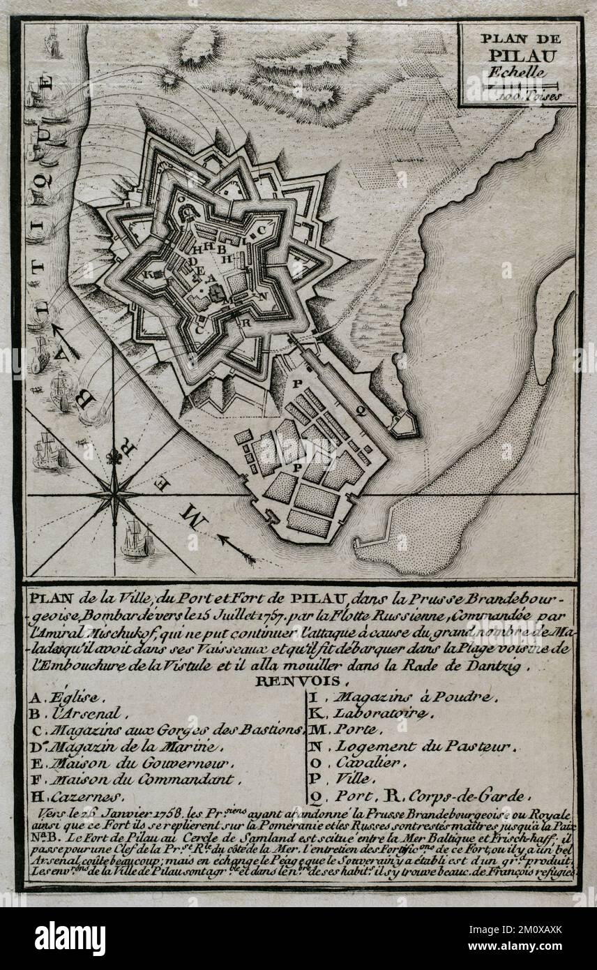 7 Jahre Krieg (1756-1763). Karte der Festung Pillau an der Ostsee. Die russische Armee bombardierte die Festung in den Jahren 1757 und 1758, obwohl sie gezwungen war, ihre Angriffe aufgrund eines übermäßigen Auftretens von Krankheiten einzustellen. Dennoch verließen die Preußen die Festung Anfang 1758 und blieben während des Krieges in russischen Händen. Veröffentlicht im Jahr 1765 vom Kartografen Jean de Beaurain (1696-1771) als Illustration seiner Großen Karte Deutschlands mit den Ereignissen, die während des Siebenjährigen Krieges stattfanden. Gravur. Französische Ausgabe, 1765. Militärische historische Bibliothek von Ba Stockfoto 7 Jahre Krieg (1756-1763). Karte der Festung Pillau an der Ostsee. Die russische Armee bombardierte die Festung in den Jahren 1757 und 1758, obwohl sie gezwungen war, ihre Angriffe aufgrund eines übermäßigen Auftretens von Krankheiten einzustellen. Dennoch verließen die Preußen die Festung Anfang 1758 und blieben während des Krieges in russischen Händen. Veröffentlicht im Jahr 1765 vom Kartografen Jean de Beaurain (1696-1771) als Illustration seiner Großen Karte Deutschlands mit den Ereignissen, die während des Siebenjährigen Krieges stattfanden. Gravur. Französische Ausgabe, 1765. Militärische historische Bibliothek von Ba Stockfoto