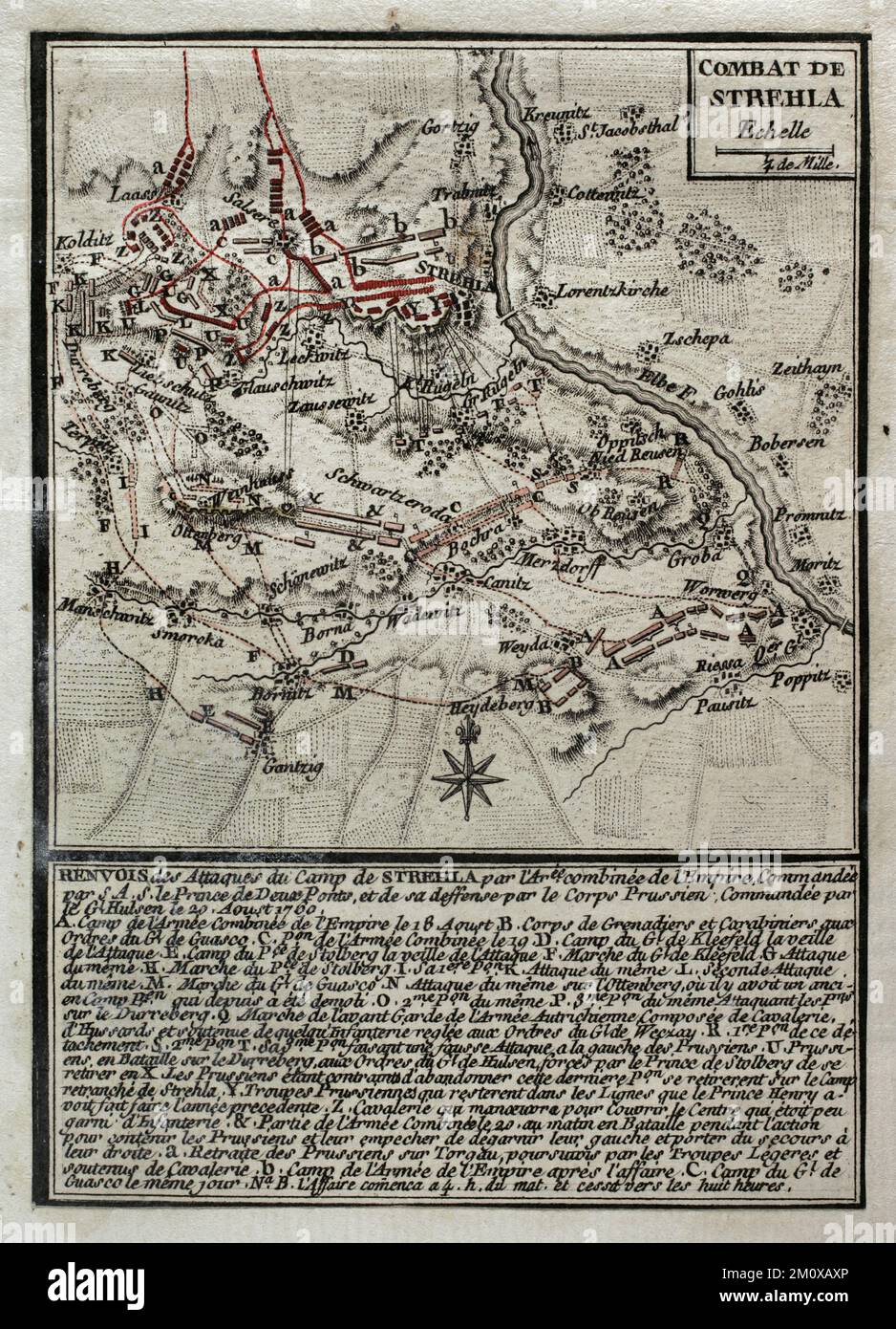 7 Jahre Krieg (1756-1763). Dritter Schlesischer Krieg. Karte der Schlacht von Strehla (20. August 1760). Sachsen. Die preußische Armee unter dem Kommando von Johann Dietrich von Hulsen griff die österreichischen Linien an, die von Truppen unter der Führung von Friedrich Michael (Graf Palatin von Zweibrücken) verteidigt wurden. Den Preußen gelang es, die Österreicher zu besiegen. Veröffentlicht im Jahr 1765 vom Kartografen Jean de Beaurain (1696-1771) als Illustration seiner Großen Karte Deutschlands mit den Ereignissen, die während des Siebenjährigen Krieges stattfanden. Ätzen und Gravieren. Französische Ausgabe, 1765. Militärhistorische Bibliothek von Barcelona (Biblioteca hist Stockfoto