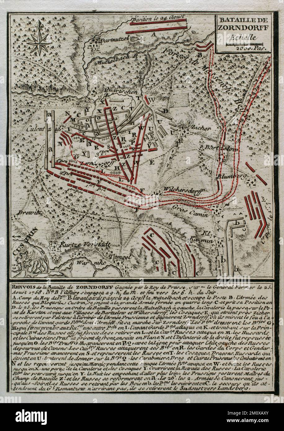 7 Jahre Krieg (1756-1763). Karte der Schlacht von Zorndorf (25.. August 1758). Die preußische Armee von Friedrich dem Großen gewann einen pyrrhischen Sieg über die russischen Truppen unter General Fermor. Veröffentlicht im Jahr 1765 vom Kartografen Jean de Beaurain (1696-1771) als Illustration seiner Großen Karte Deutschlands mit den Ereignissen, die während des Siebenjährigen Krieges stattfanden. Ätzen und Gravieren. Französische Ausgabe, 1765. Militärhistorische Bibliothek von Barcelona (Biblioteca Histórico Militar de Barcelona). Katalonien. Spanien. Stockfoto